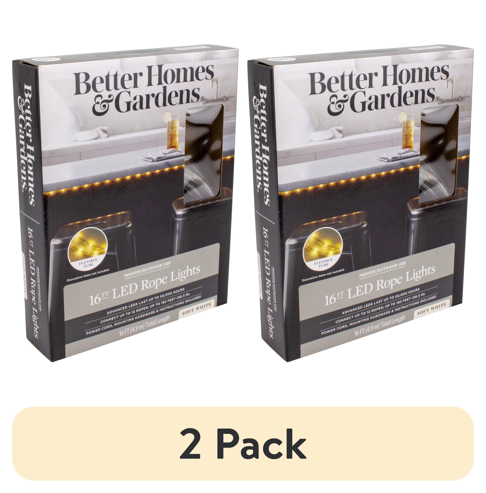 (2 pack) Better Homes & Gardens 16' 7.2 Watt Plug-in Soft White LED Rope Light (1 Pack)