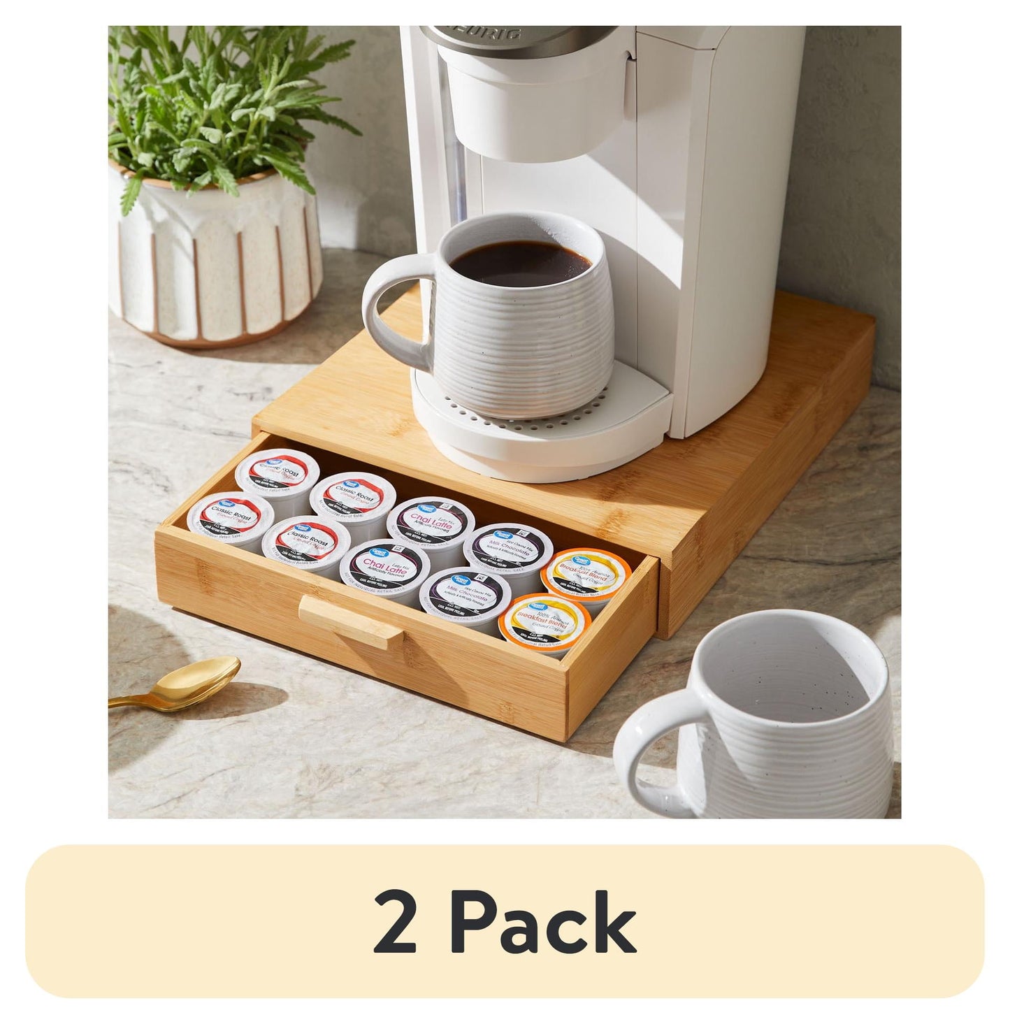 (2 pack) Better Homes & Gardens 25 Capacity 3" H Bamboo K-Cup and Beverage Organizer, Natural, Made for Kitchen Organization and Accessibility