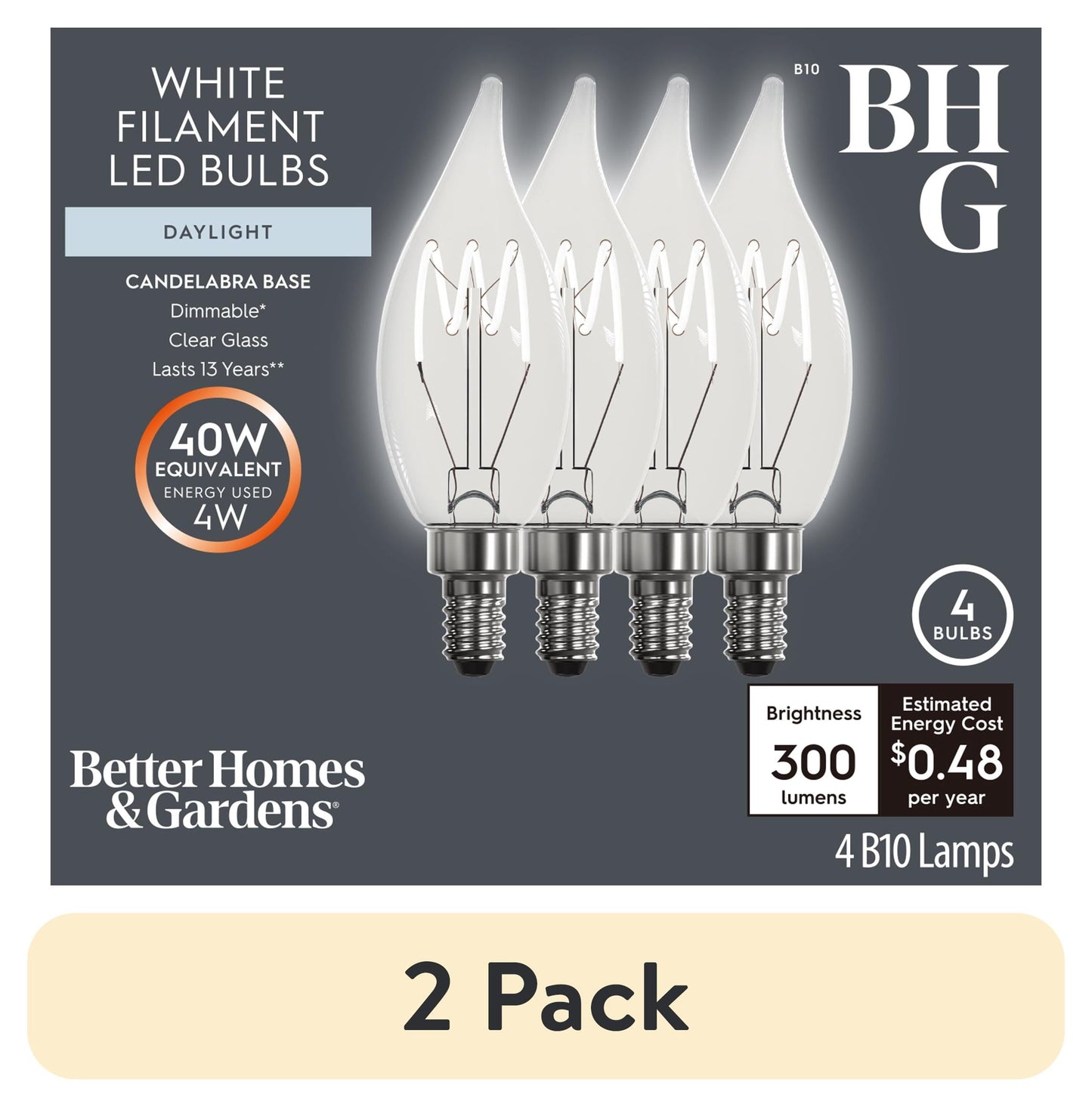 (2 pack) Better Homes & Gardens 4W (40W Equivalent) Daylight Dimmable CA10 White Filament Light Bulbs E12 Base 2 Pack
