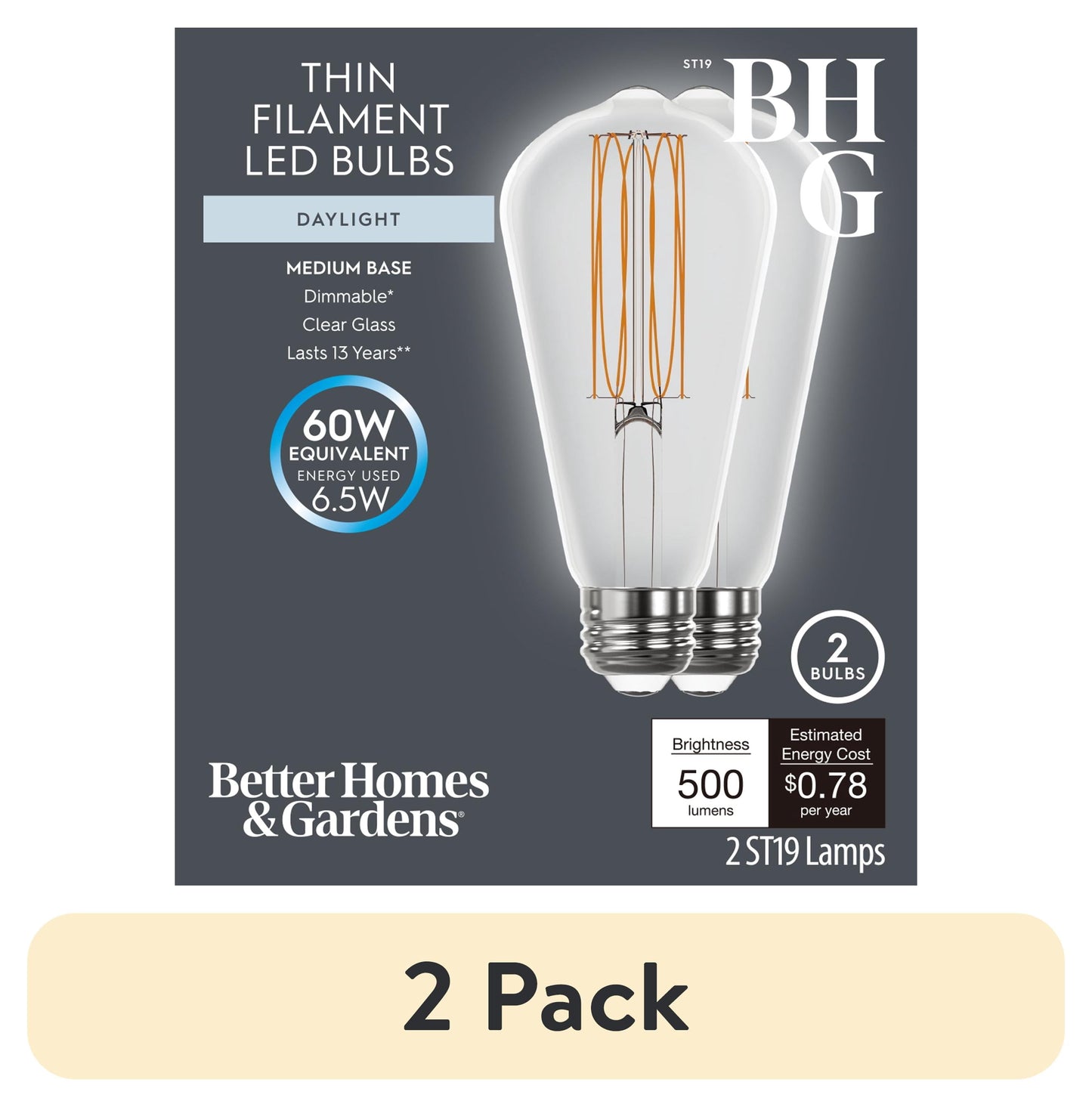 (2 pack) Better Homes & Gardens 6.5W (60W Equivalent) Daylight Dimmable ST19 Thin Filament Light Bulb E26 Base 2 Pack