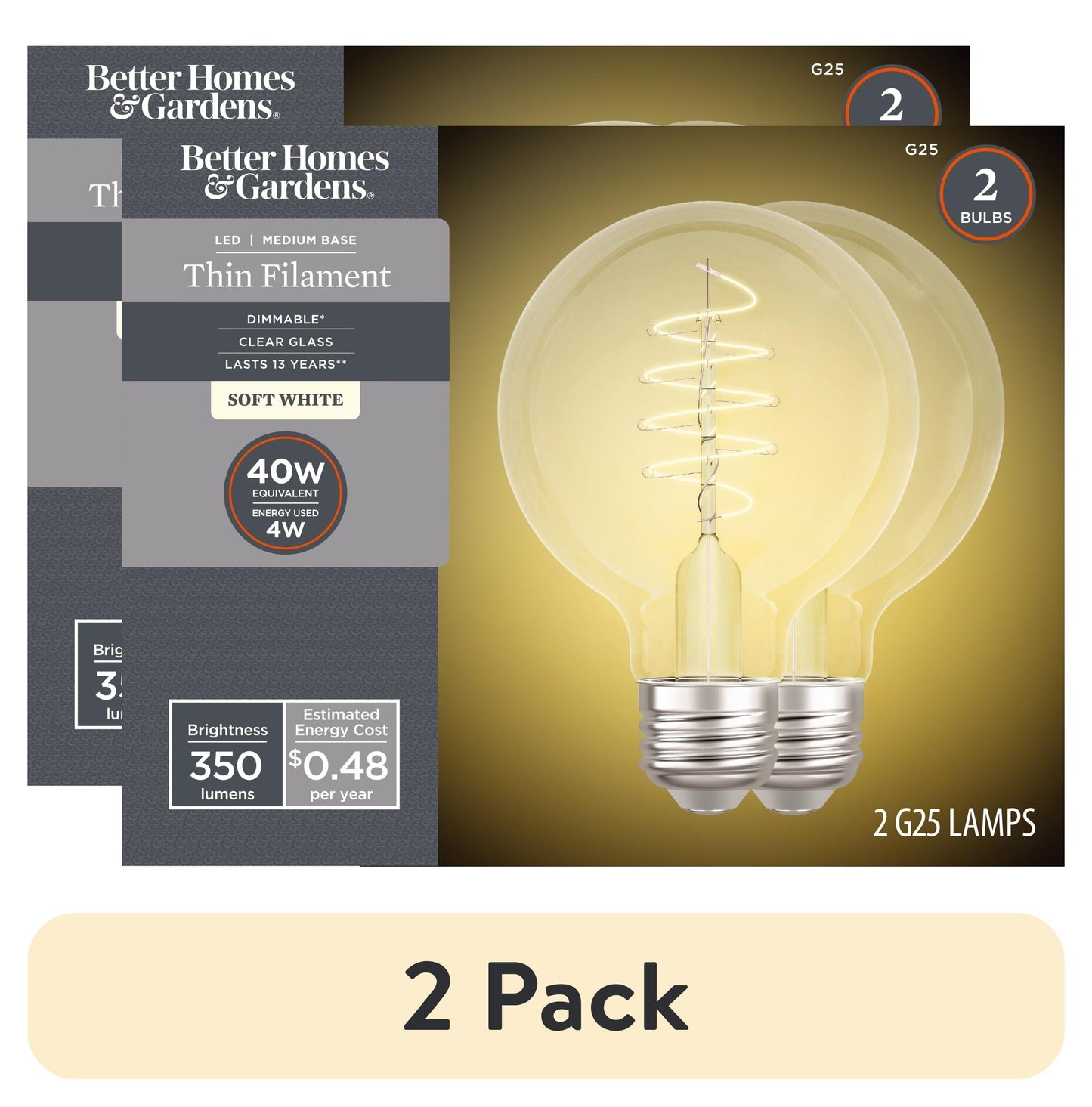 (2 pack) Better Homes & Gardens G25 LED Vintage Light Bulb, 4 Watts (40W Equivalent), Soft White, Thin Filament, E26, 2PK