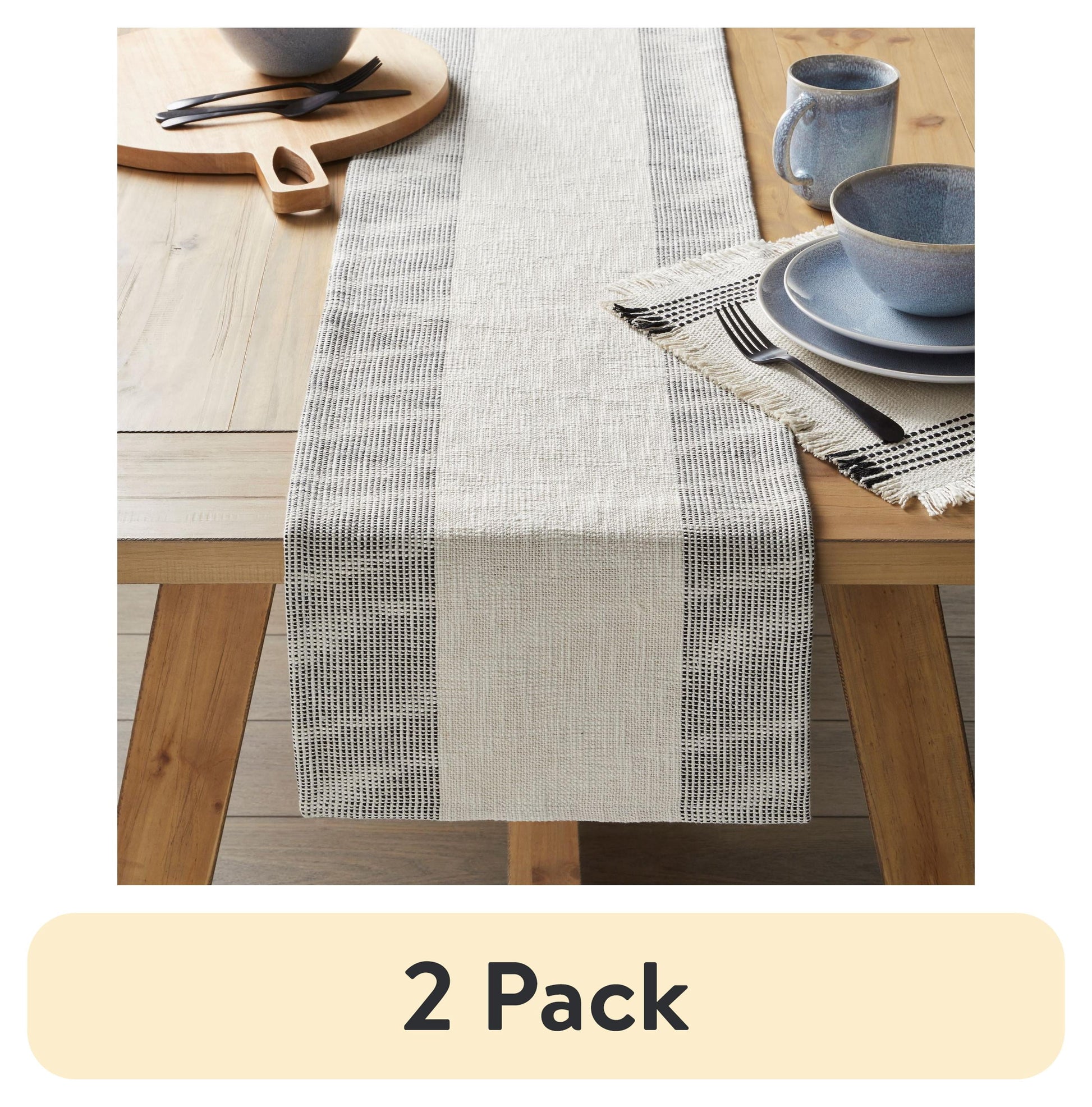(2 pack) Better Homes & Gardens Jett Stripe Cotton Woven Table Runner - Black and White - 14" x 90"