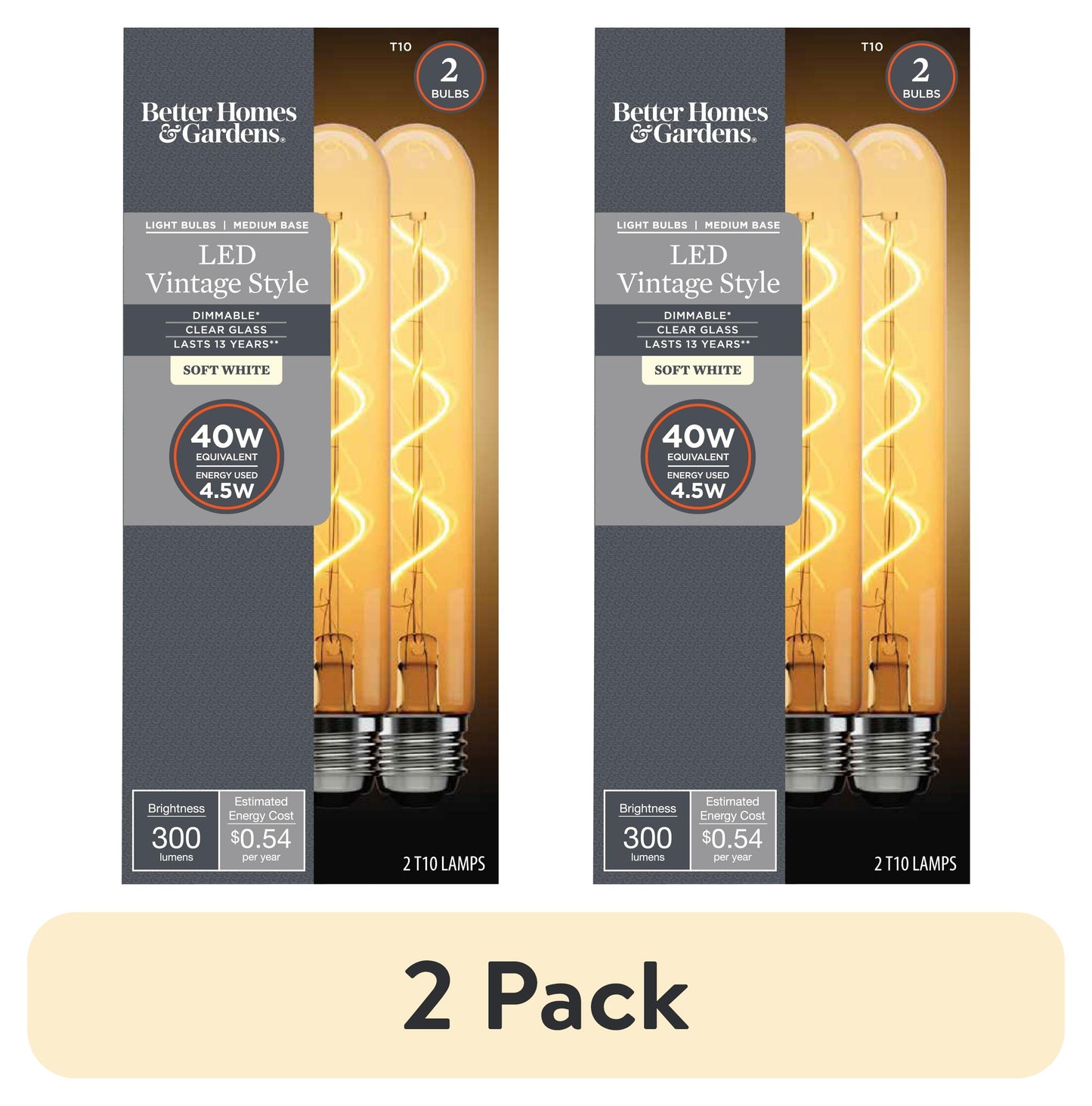 (2 pack) Better Homes & Gardens LED Tube Vintage Bulb, T10 40W, Soft White Spiral Filament, E26, Dim - 2 Pk
