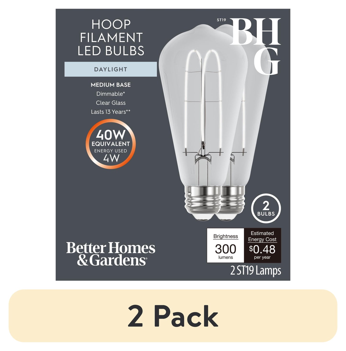 (2 pack) Better Homes & Gardens ST19 LED Vintage Bulb 4W(40 Equivalent) Daylight, Dimmable E26 Base(2 Pack)