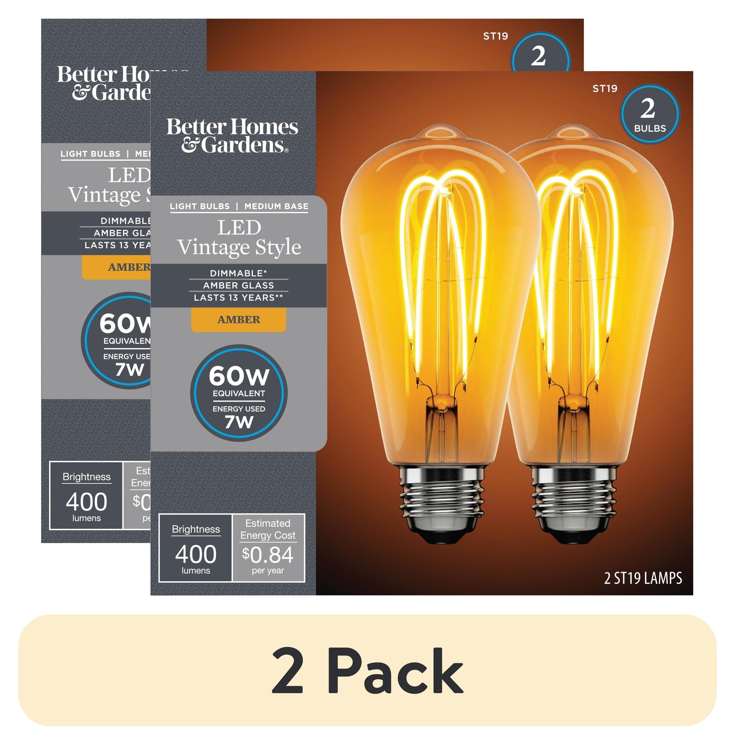 (2 pack) Better Homes & Gardens ST19 Vintage LED Light Bulb, 60 W Eqv, Dim, E26, Amber Glass Finish - 2 Pk