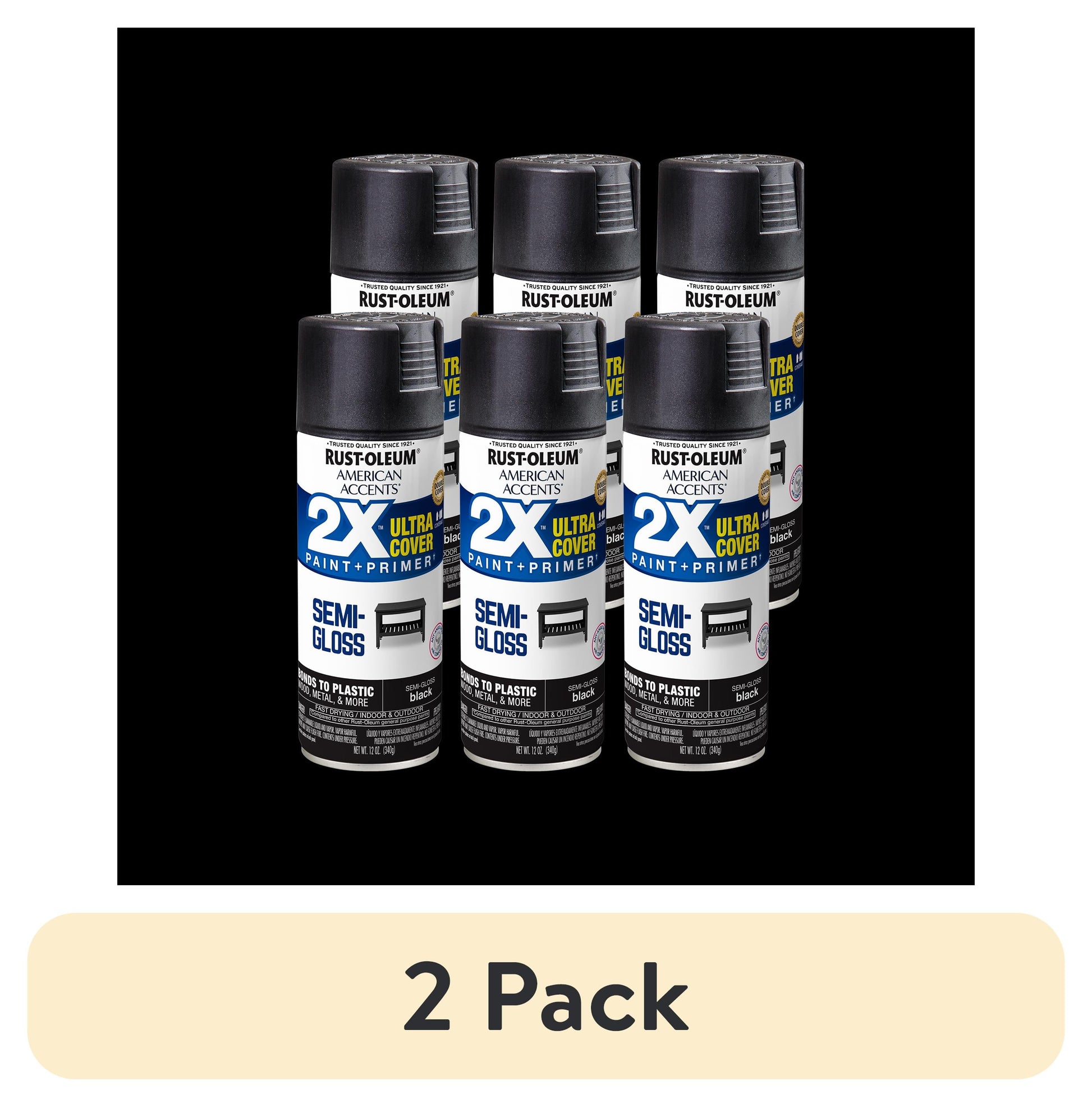 (2 pack) 6 Pack, Black Rust-Oleum American Accents 2X Ultra Cover Semi-Gloss Spray Paint-327950, 12 oz