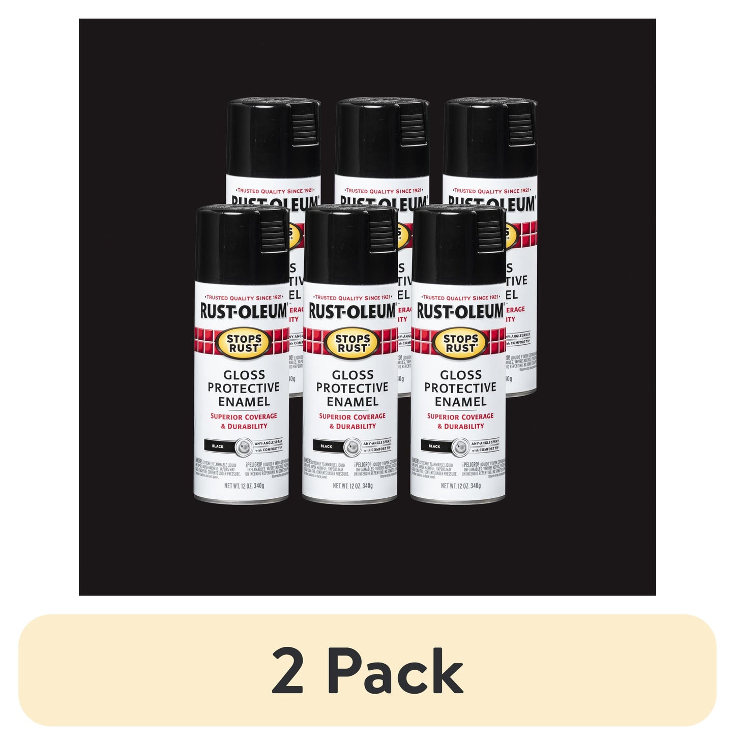 (2 pack) Black, Rust-Oleum Stops Rust Gloss Protective Enamel Spray Paint, 12 oz, 6 Pack
