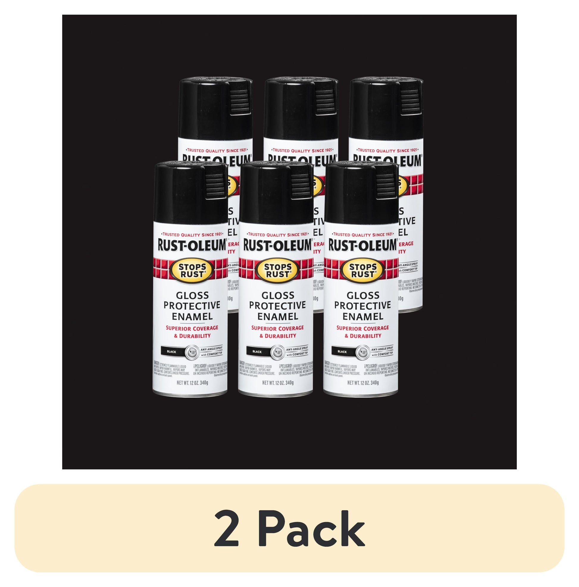 (2 pack) Black, Rust-Oleum Stops Rust Gloss Protective Enamel Spray Paint, 12 oz, 6 Pack