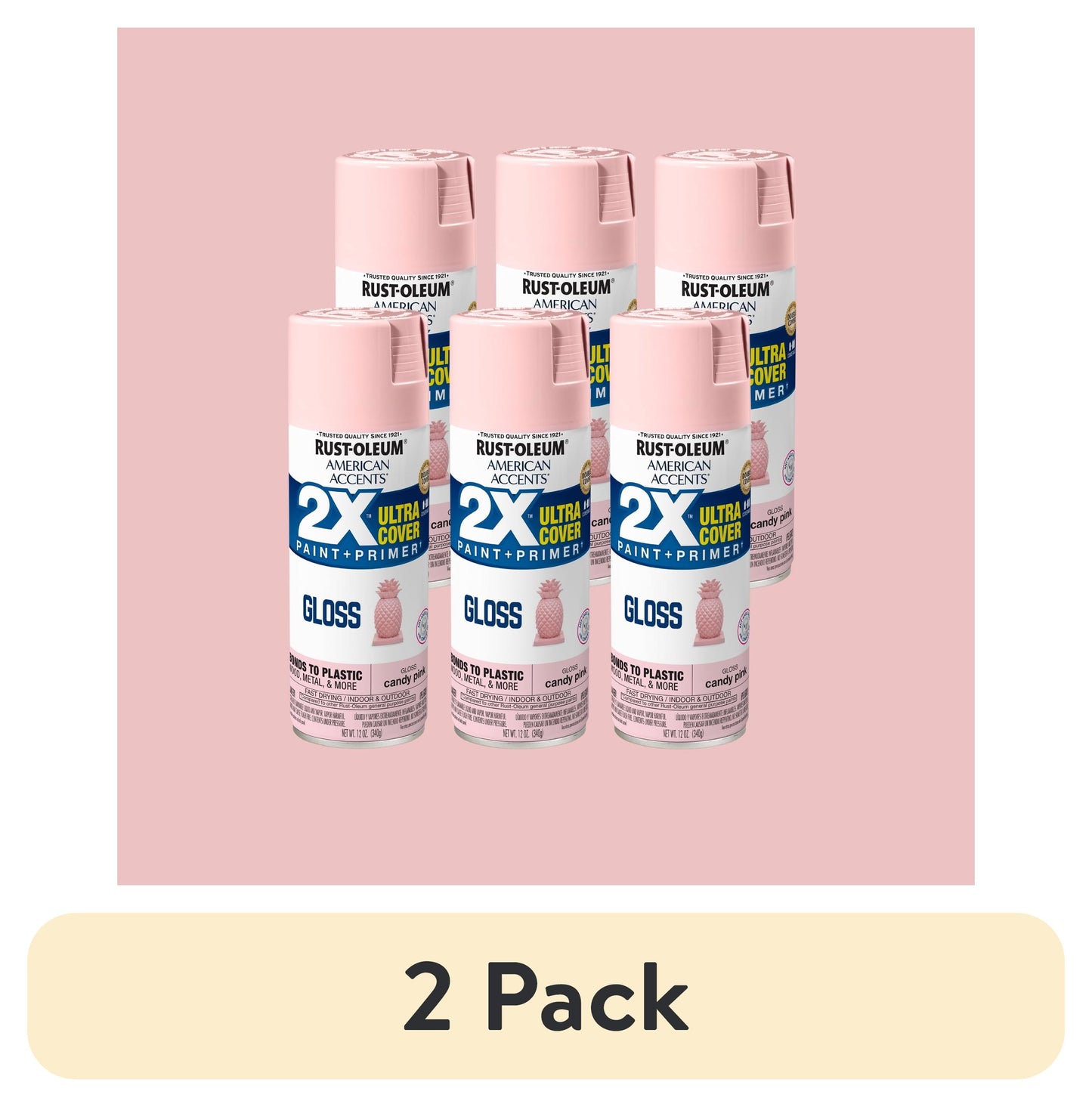(2 pack) 6 Pack, Candy Pink Rust-Oleum American Accents 2X Ultra Cover Gloss Spray Paint-327885, 12 oz