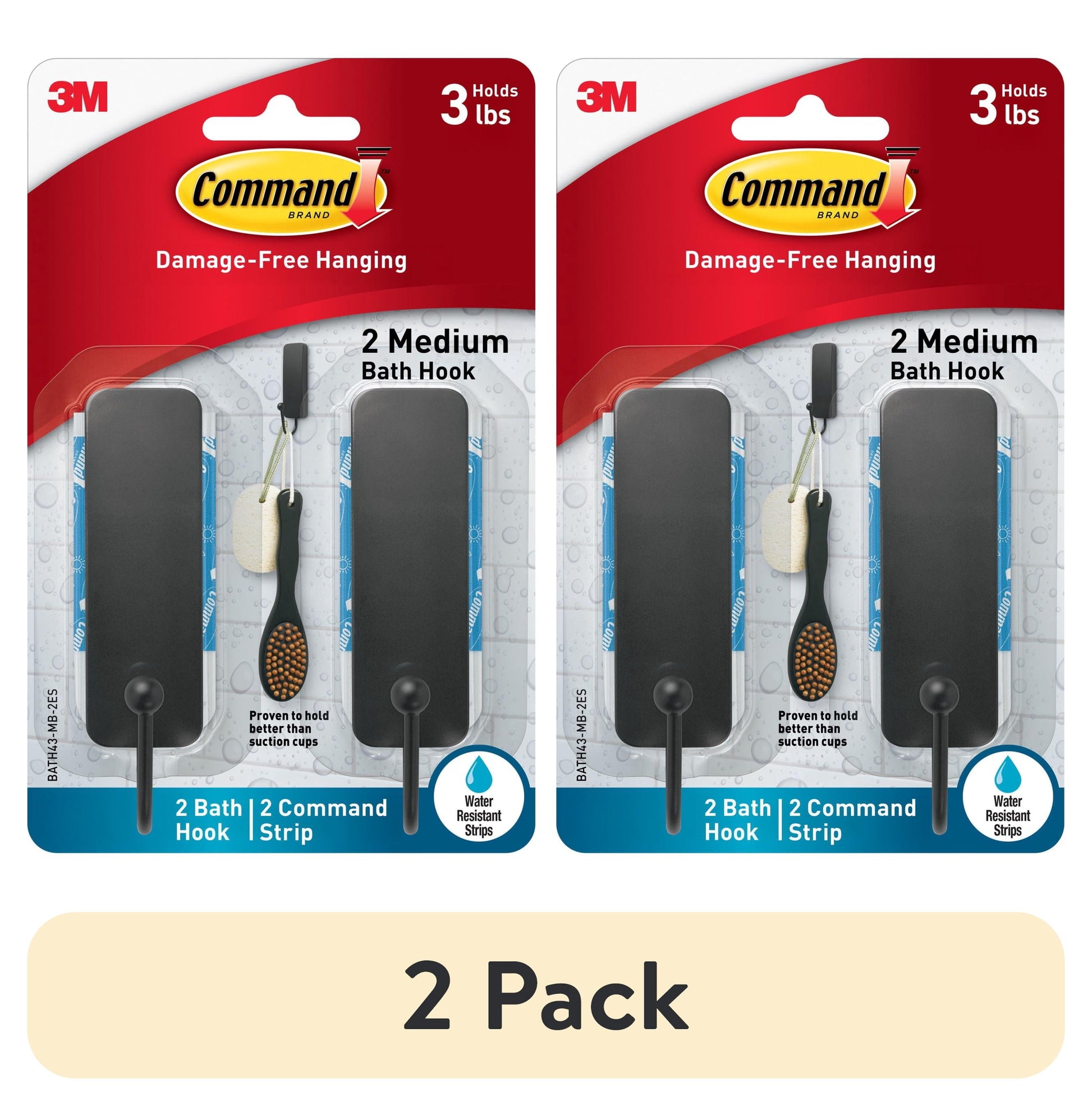 (2 pack) Command Bath Hook, Medium, Matte Black, 2 Hooks 4 Strips per Pack, Bathroom Organization