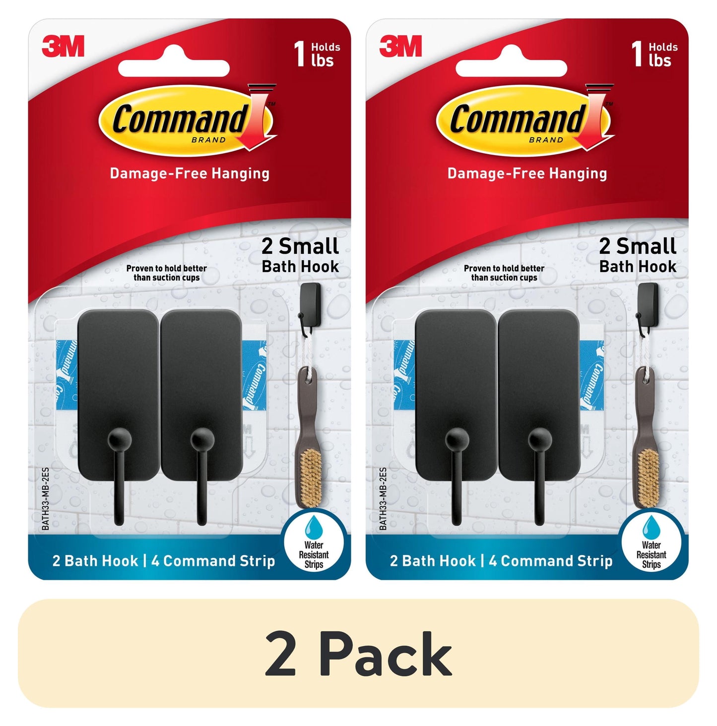 (2 pack) Command Bath Hook, Small, Matte Black, 2 Wall Hooks,  Bathroom Organization