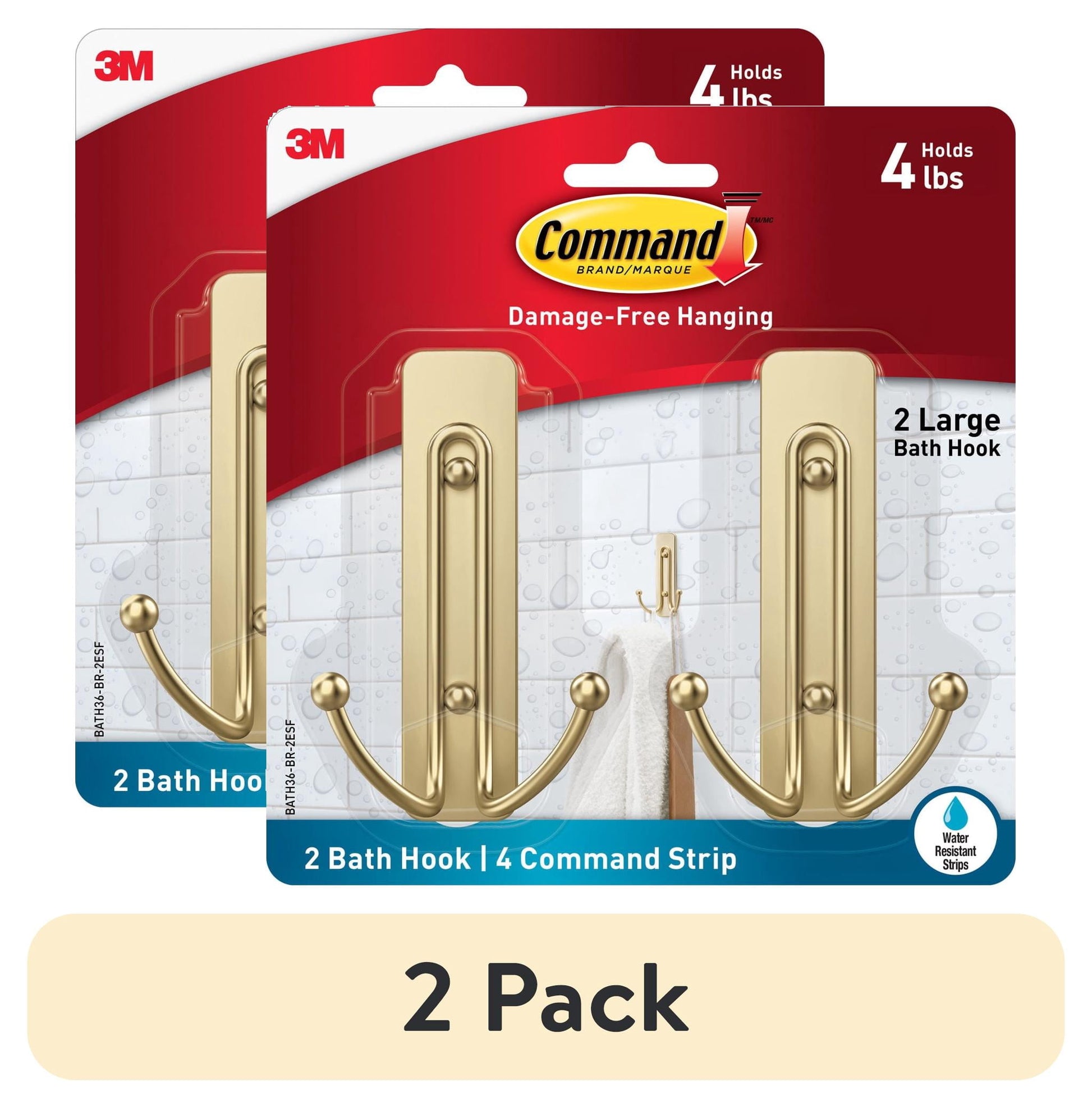(2 pack) Command Bath Large Brass Finish Double Hook 2 Pack