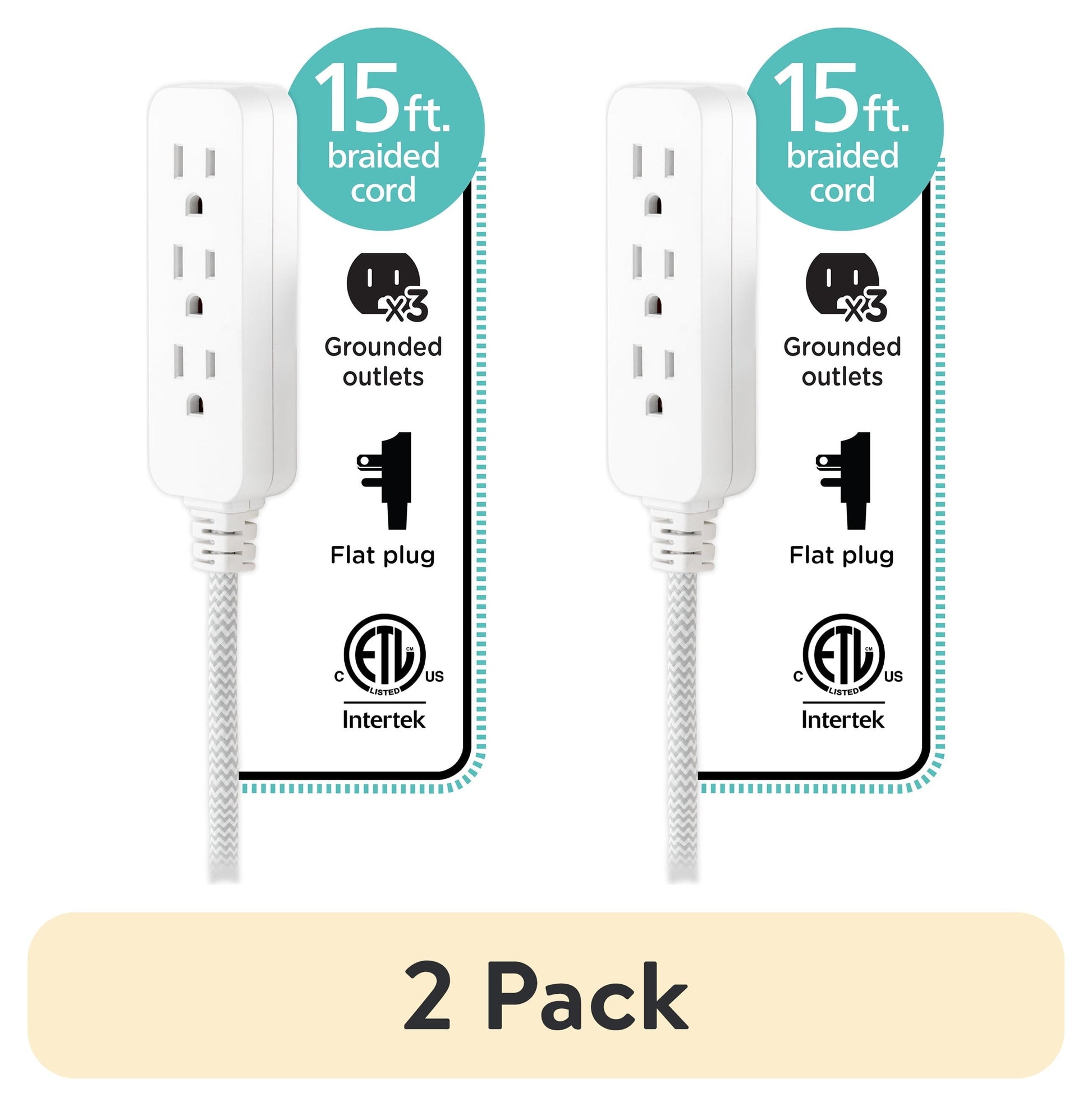 (2 pack) Cordinate 15ft. 3-Outlet Braided Extension Cord, Gray/White â€“ 50011