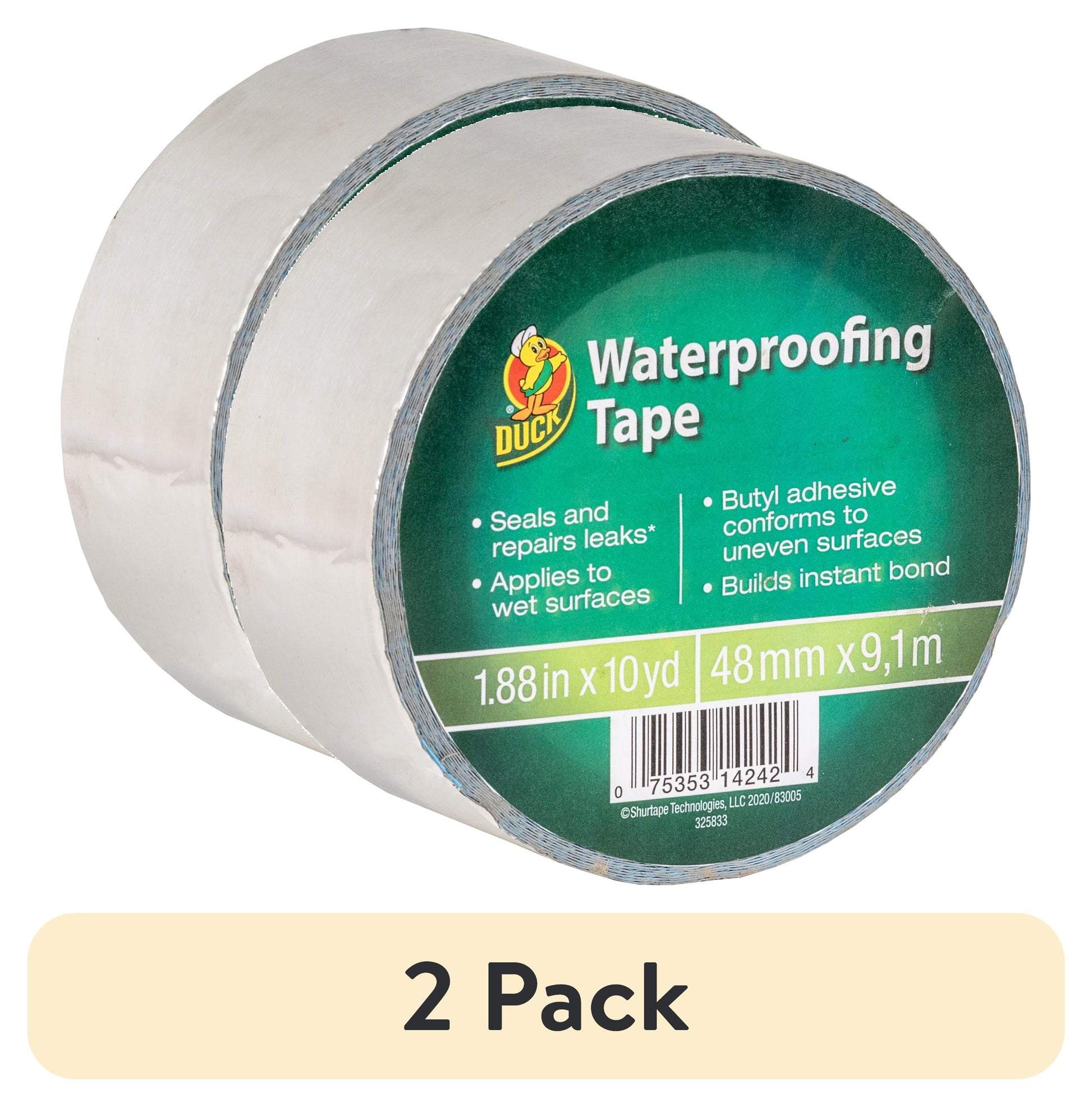 (2 pack) Duck Brand Waterproofing Tape, 1.88 in. x 10 yd., Silver