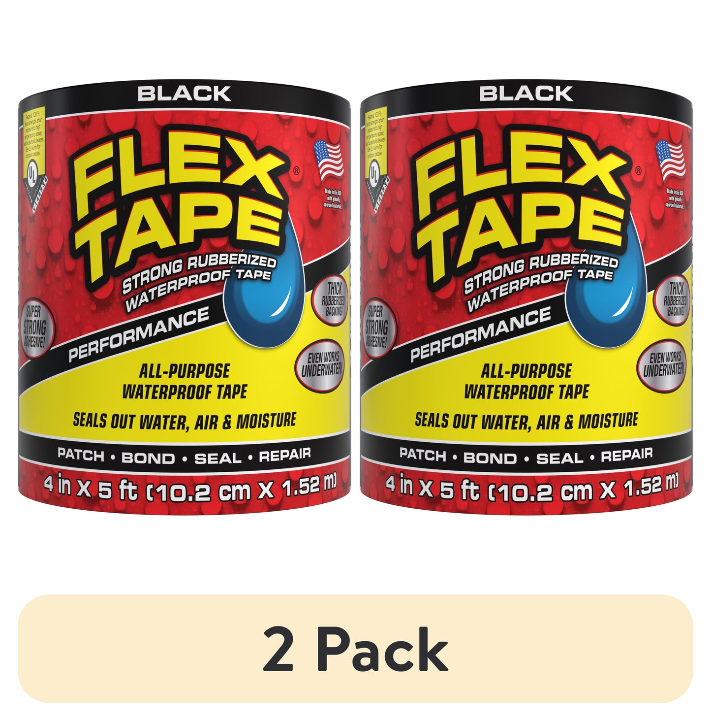 (2 pack) Flex Tape Automotive Strong Rubberized Waterproof Tape, 4 Inches x 5 Feet, Black