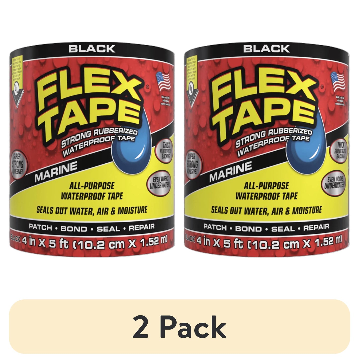 (2 pack) Flex Tape Strong Waterproof Rubberized Tape, 4" x 5'