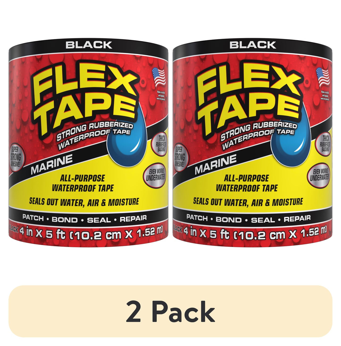(2 pack) Flex Tape Waterproof Rubberized Marine Tape Black 4in x 5ft
