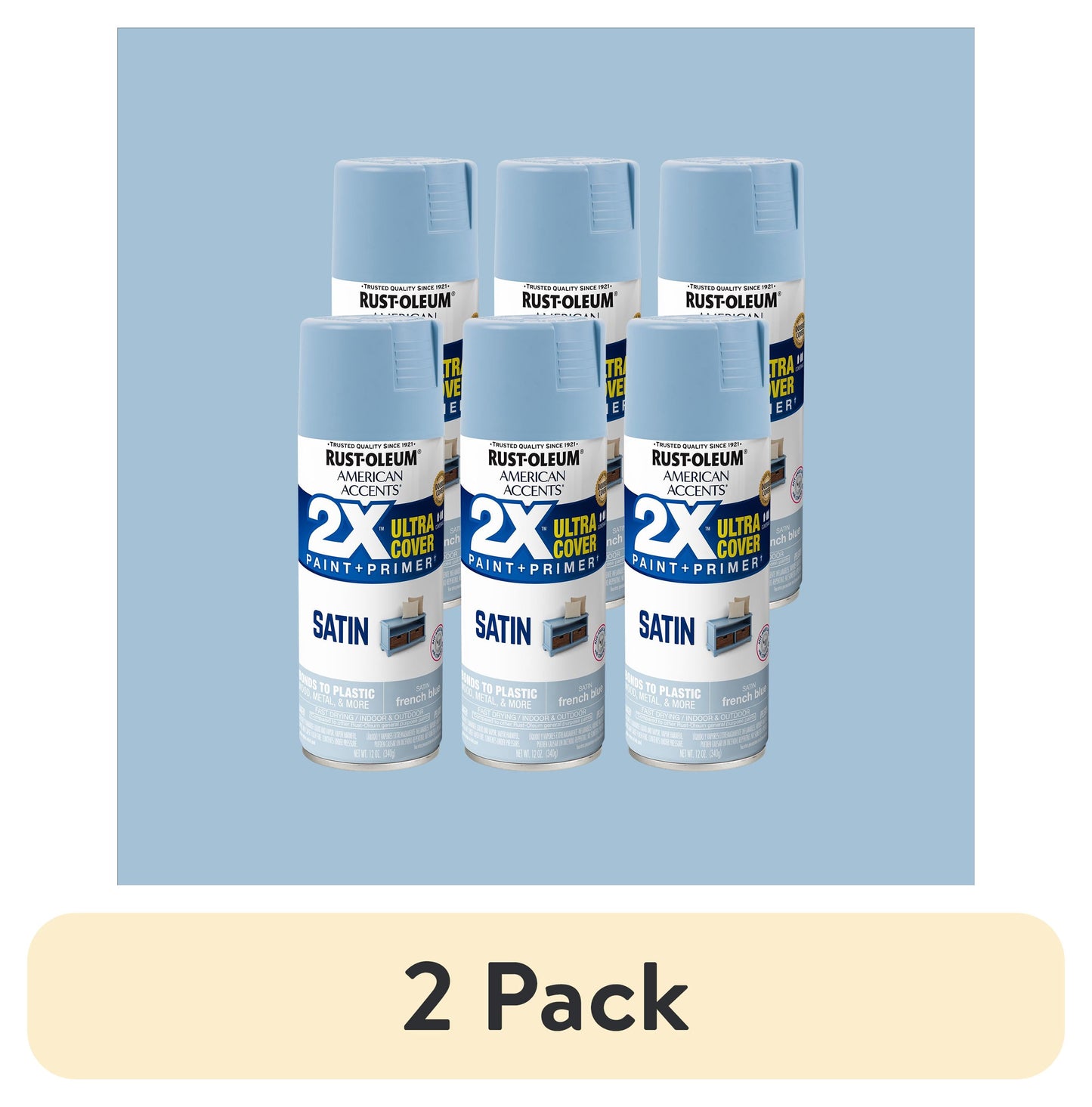 (2 pack) 6 Pack, French Blue Rust-Oleum American Accents 2X Ultra Cover Satin Spray Paint-327925, 12 oz