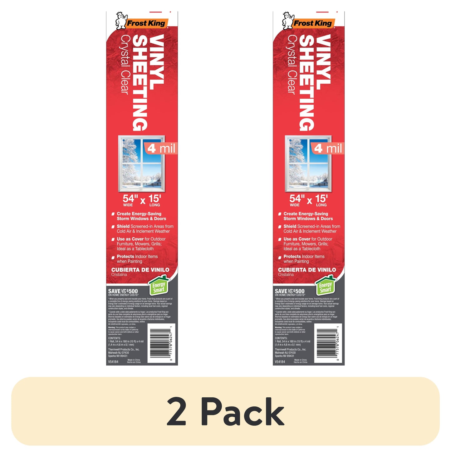 (2 pack) Frost KingÂ® V54184 Crystal Clear Vinyl Sheeting / Surface Protection Film, 54" X 15' X 4Mil