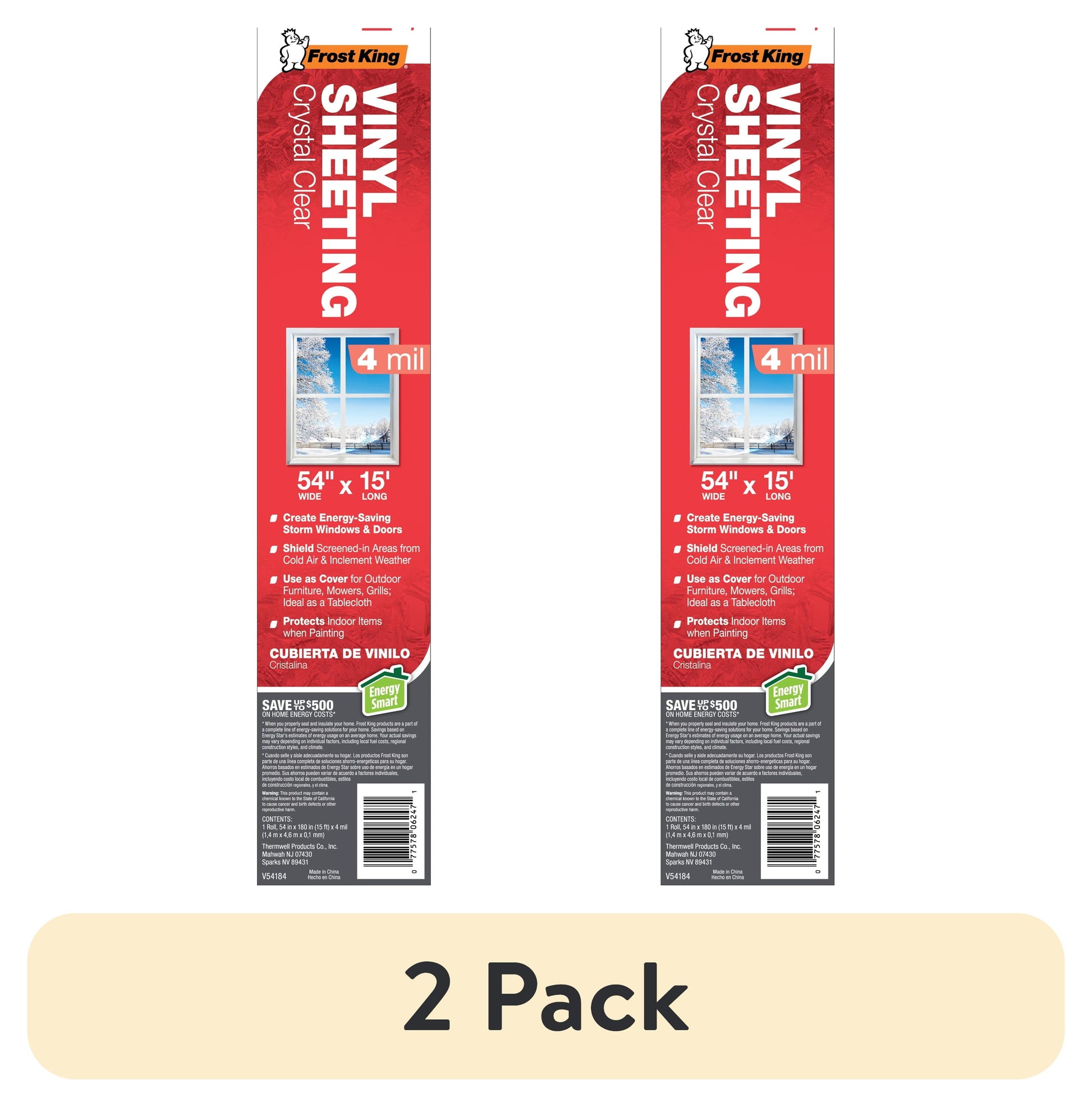 (2 pack) Frost KingÂ® V54184 Crystal Clear Vinyl Sheeting / Surface Protection Film, 54" X 15' X 4Mil