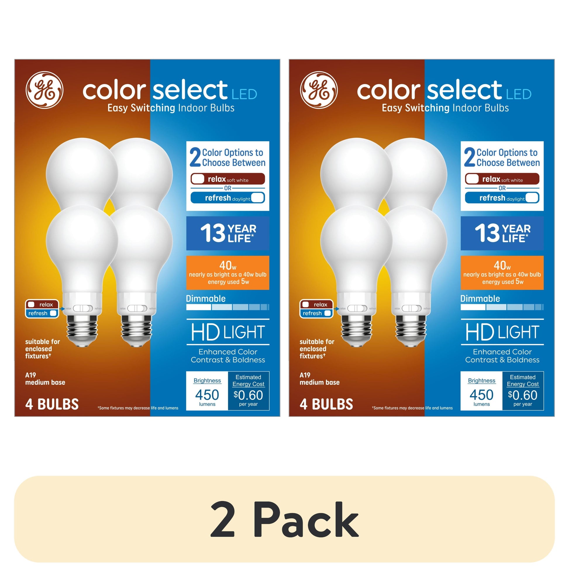 (2 pack) GE Color Select LED Light Bulbs, 40 Watts, A19 Bulbs, Medium Base, 4pk
