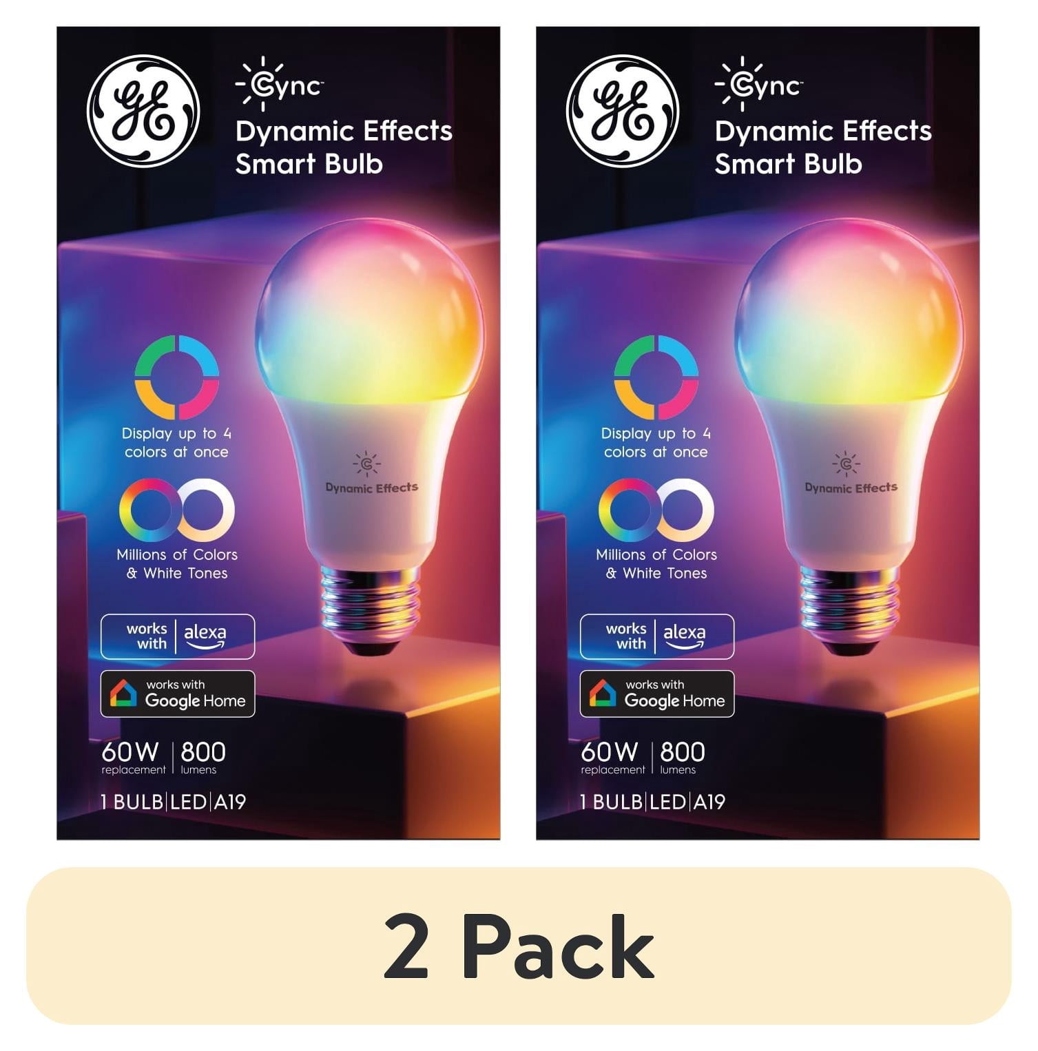 (2 pack) GE Cync Dynamic Effects Smart LED Light Bulb, 60 Watt, Color Changing, A19 Bulb, Medium Base
