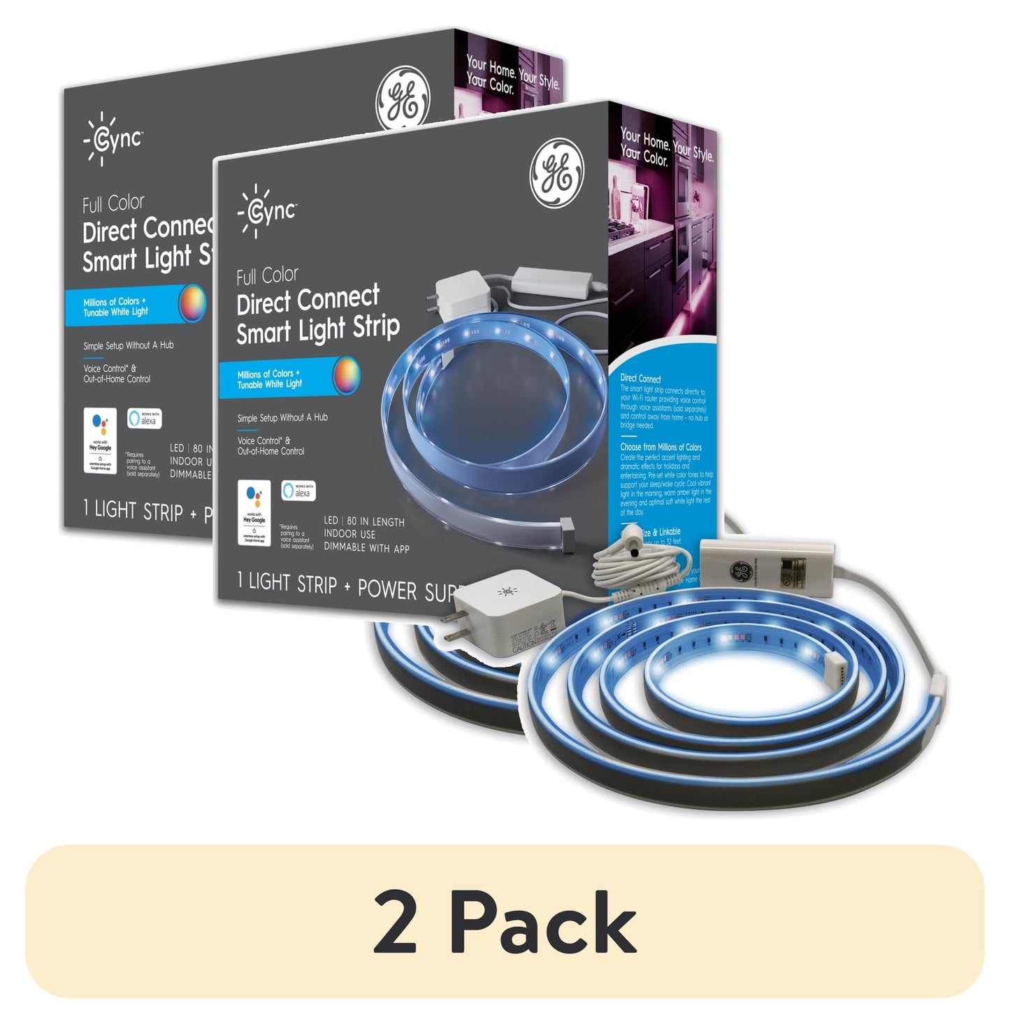 (2 pack) GE CYNC Smart LED Light Strip, Full Color, Bluetooth and Wi-Fi Enabled, 80 inches, 1pk
