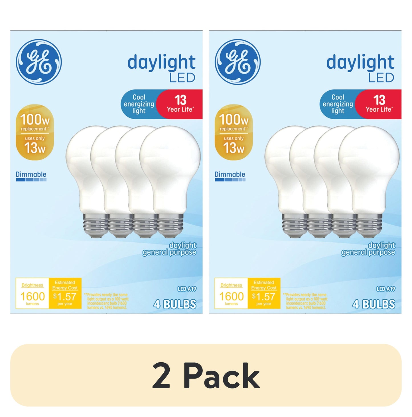 (2 pack) GE LED Light Bulbs, 100 Watt, Daylight, A19 Bulbs, Medium Base, Frosted Finish, 13yr, 4pk