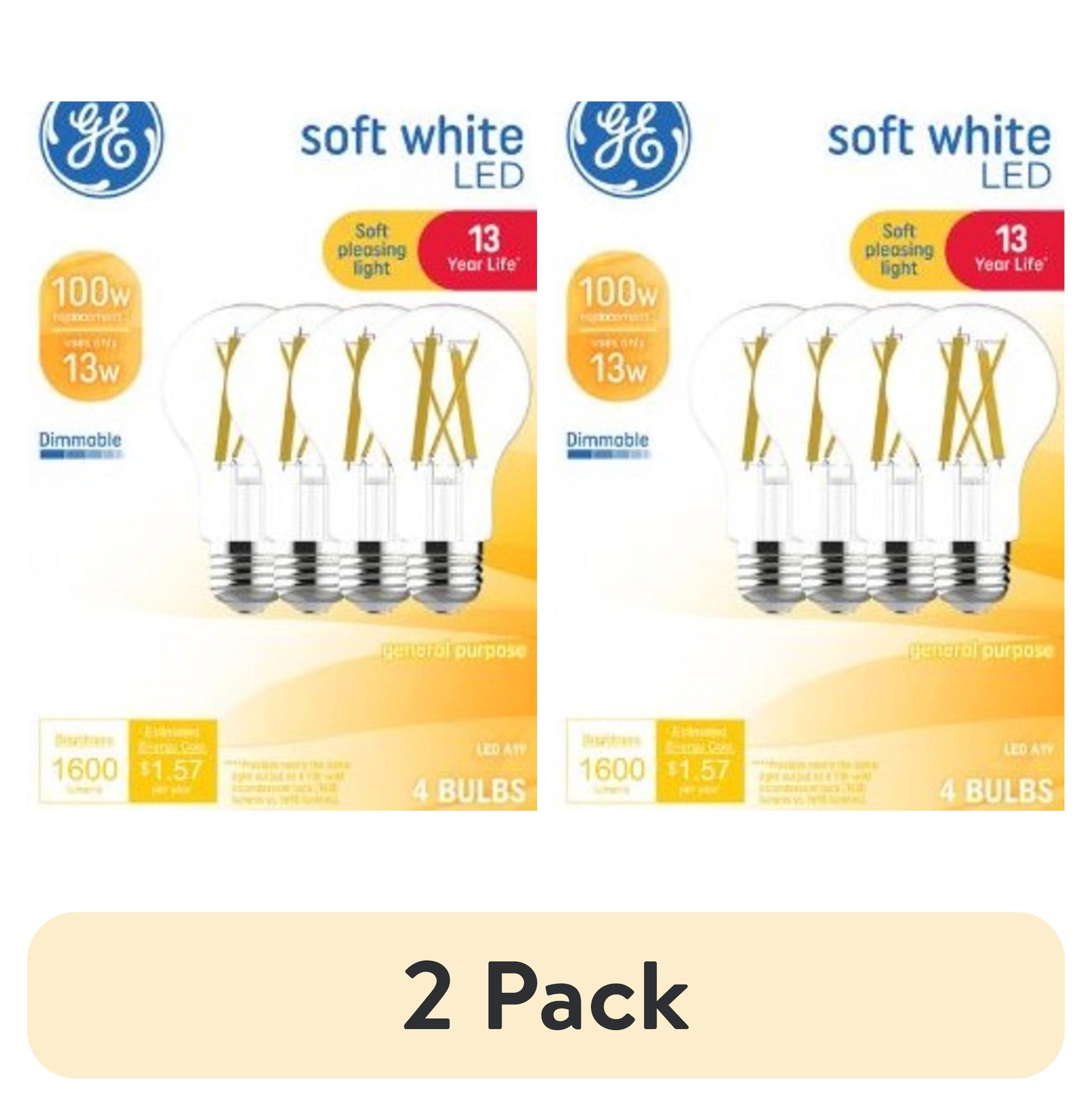 (2 pack) GE LED Light Bulbs, 100 Watt, Soft White, A19 Bulbs, Medium Base, Clear Finish, 13yr, 4pk