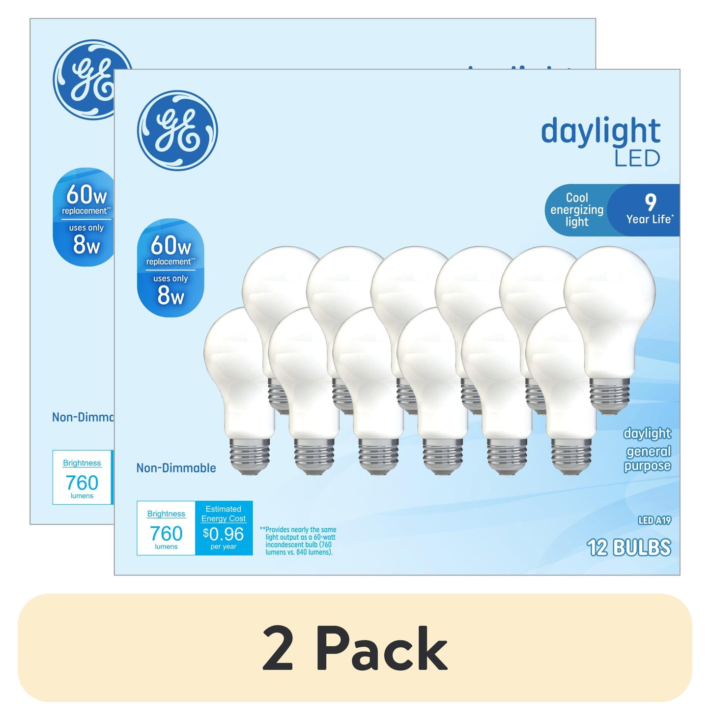 (2 pack) GE LED Light Bulbs, 60 Watt, Daylight, A19 Bulbs, Medium Base, Frosted Finish, 9yr, 12 Pack