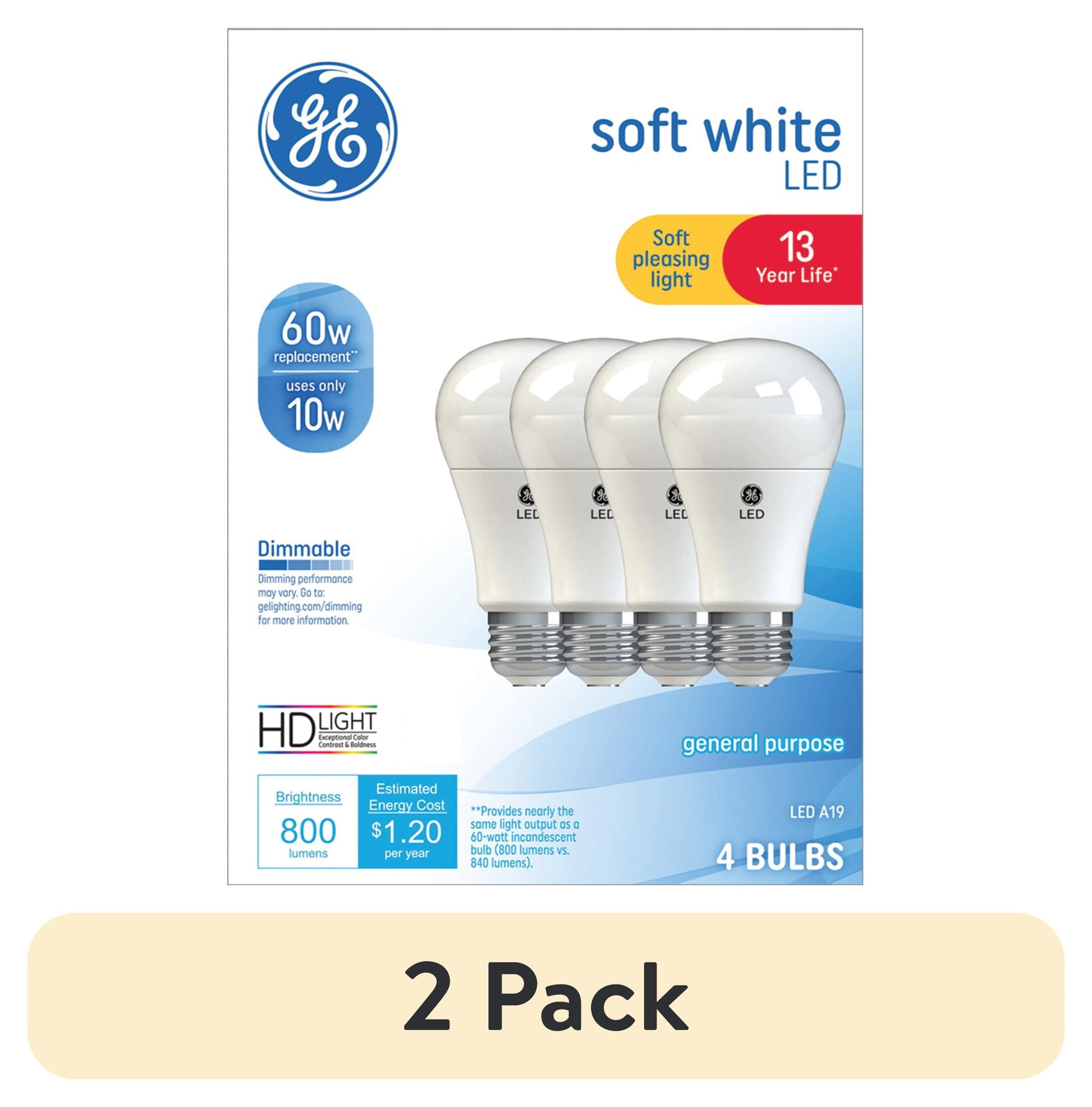 (2 pack) GE LED Light Bulbs, 60 Watt, Soft White, A19 Bulbs, Medium Base, Frosted Finish, 13yr, 4pk