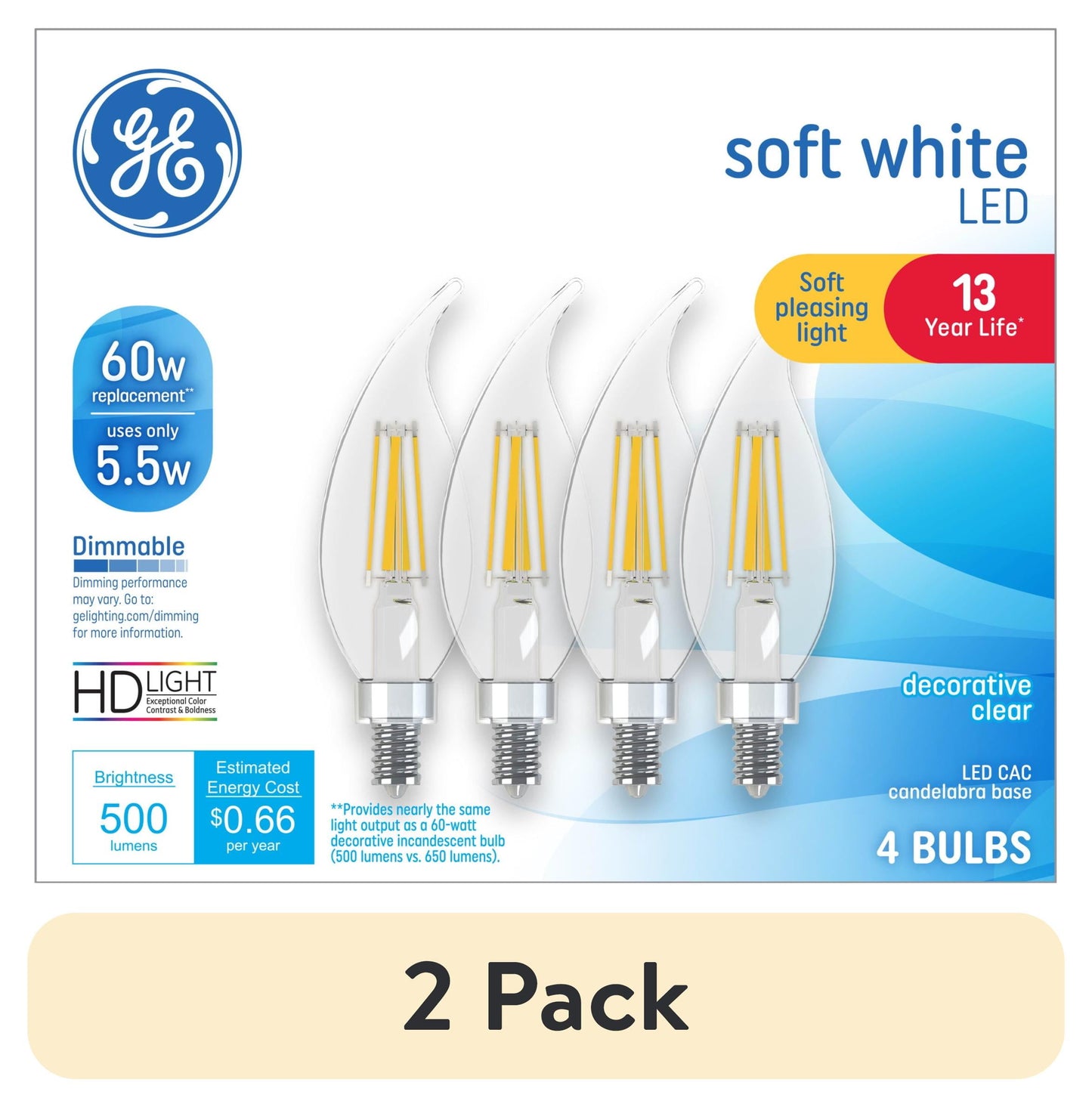 (2 pack) GE LED Light Bulbs, 60 Watt, Soft White, CAC Small Base, Clear Finish, 13yr, 4pk