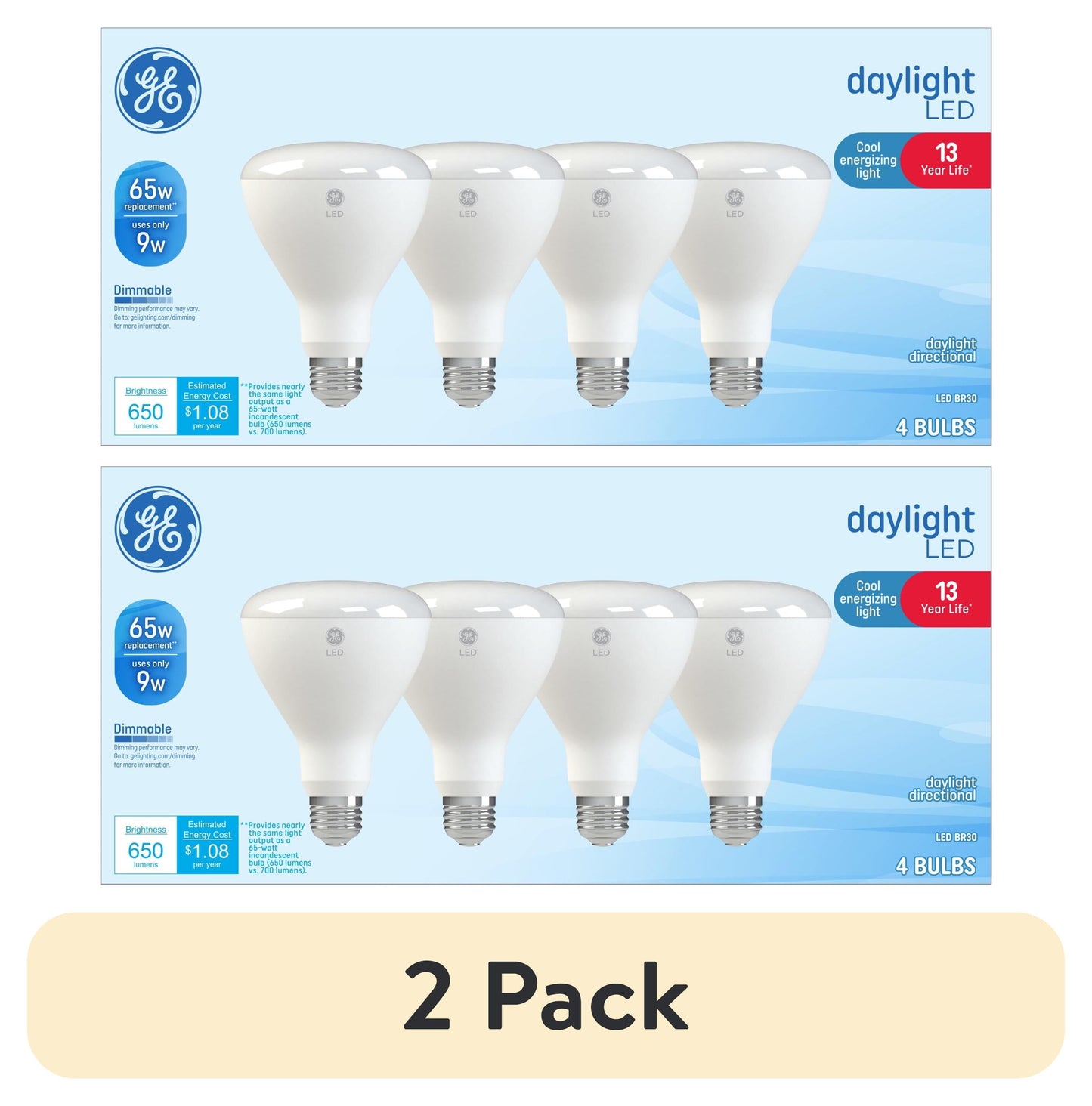 (2 pack) GE LED Light Bulbs, 65 Watt, Daylight, BR30 Floodlights, Medium Base, Frosted Finish, 13yr, 4pk