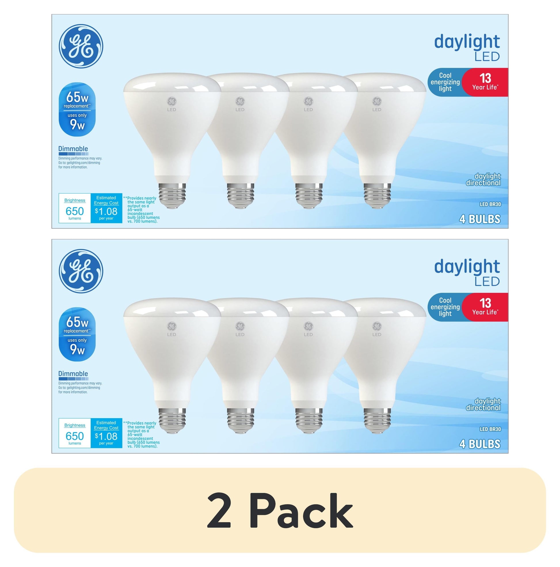 (2 pack) GE LED Light Bulbs, 65 Watt, Daylight, BR30 Floodlights, Medium Base, Frosted Finish, 13yr, 4pk