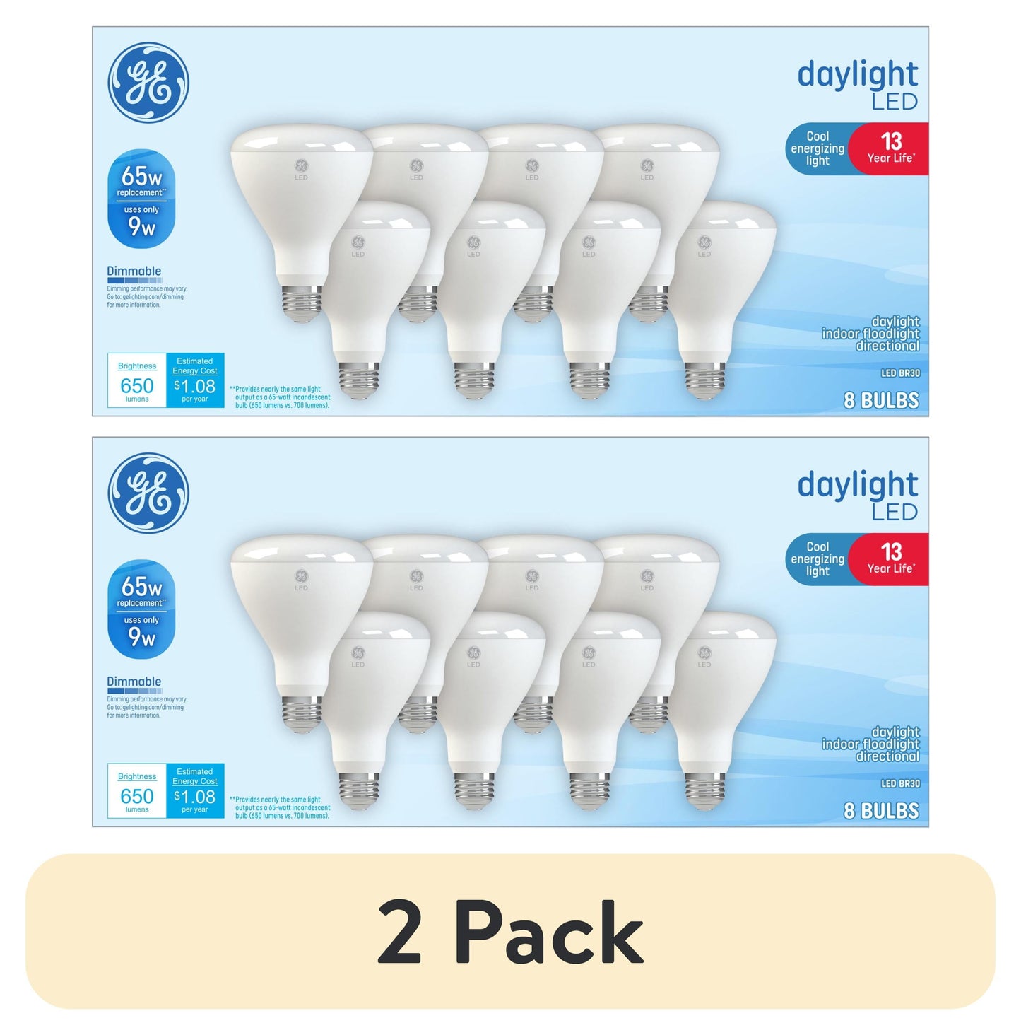 (2 pack) GE LED Light Bulbs, 65 Watt, Daylight, BR30 Floodlights, Medium Base, Frosted Finish, 13yr, 8pk