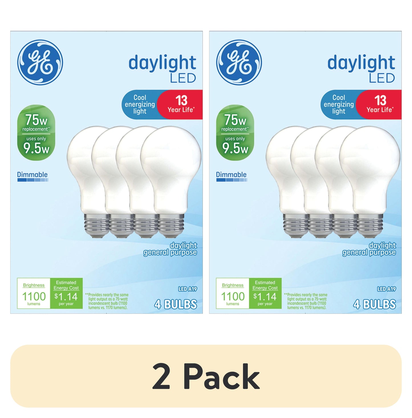 (2 pack) GE LED Light Bulbs, 75 Watt, Daylight, A19 Bulbs, Medium Base, Frosted Finish, 13yr, 4pk