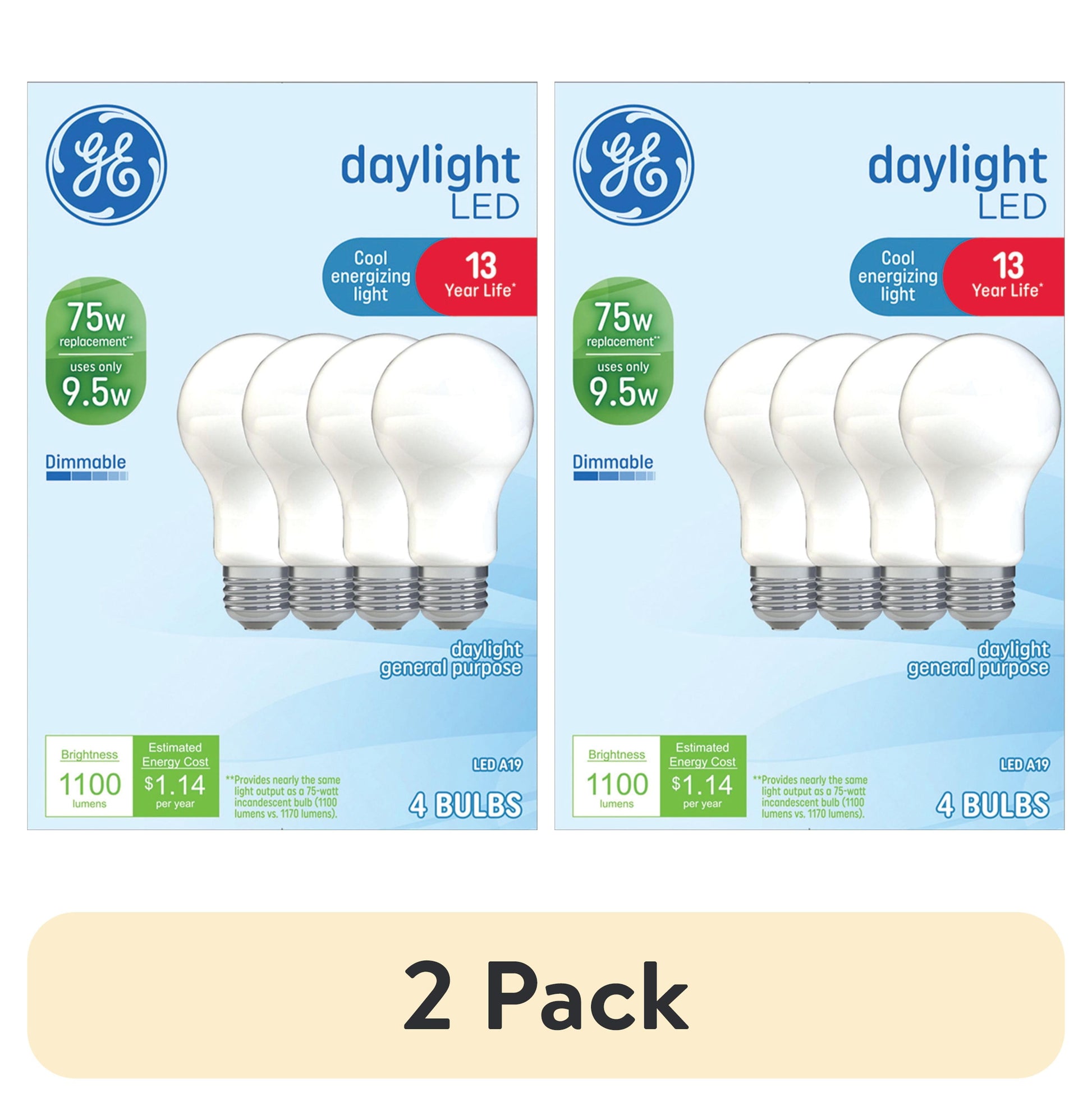 (2 pack) GE LED Light Bulbs, 75 Watt, Daylight, A19 Bulbs, Medium Base, Frosted Finish, 13yr, 4pk