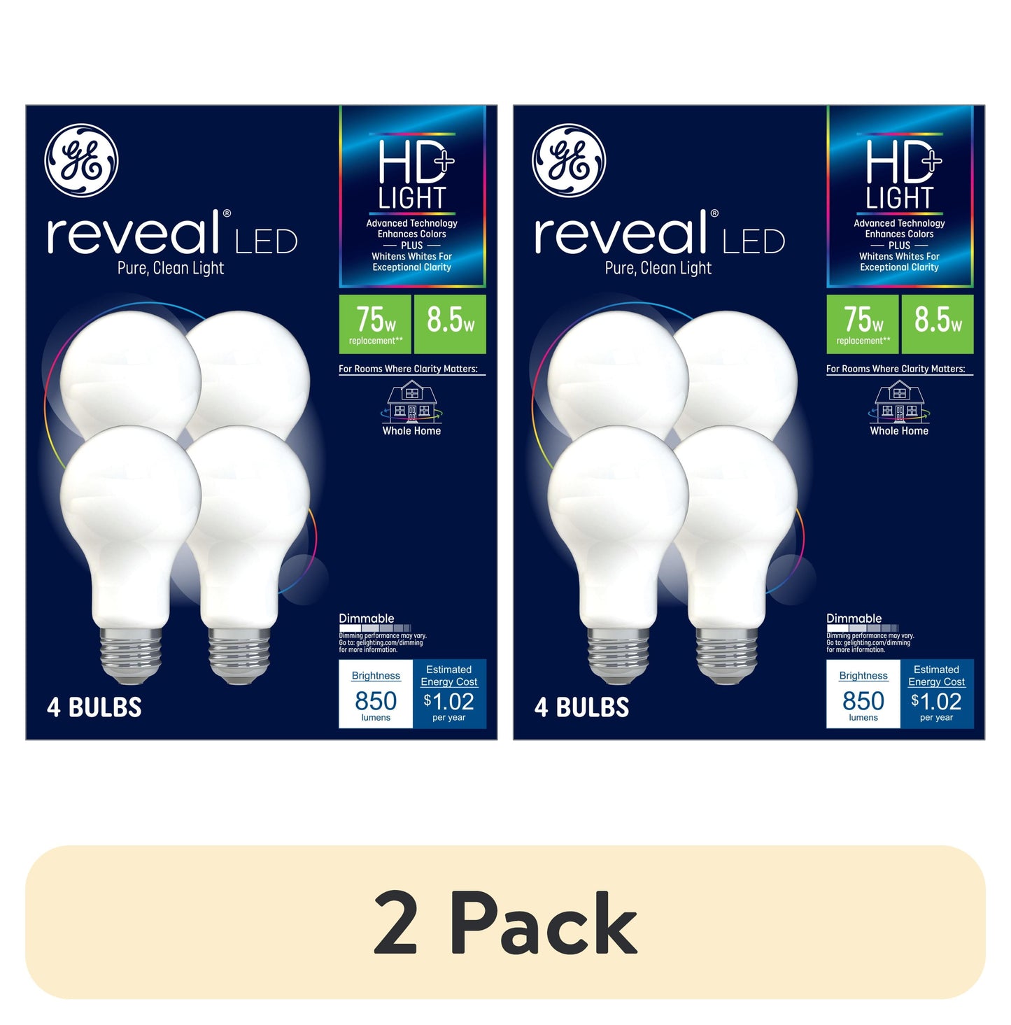 (2 pack) GE Reveal HD+ LED Light Bulbs, 75 Watt, A19 Bulbs, Medium Base, Frosted Finish, 4pk
