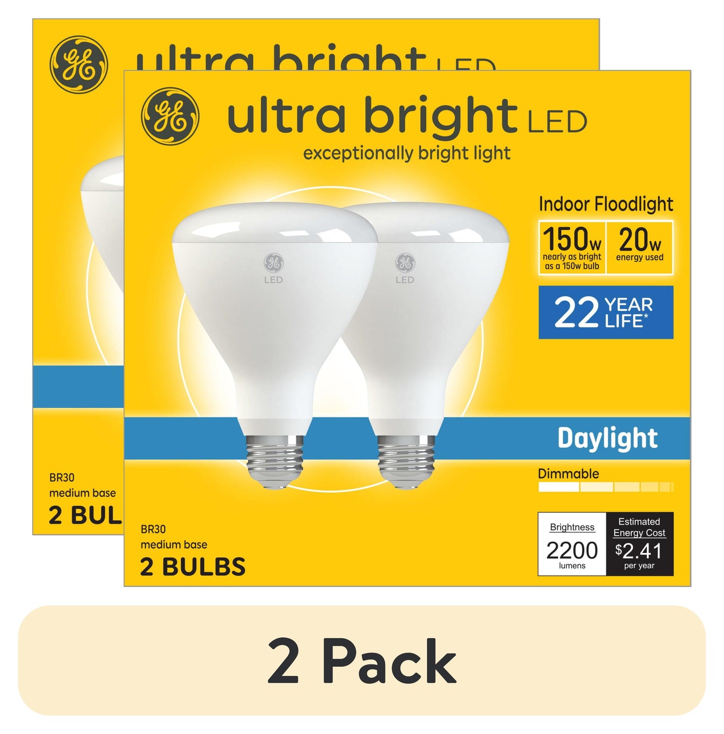 (2 pack) GE Ultra Bright LED Light Bulbs, 150 Watt, Daylight, BR30 Floodlights, Medium Base, Frosted Finish, 2pk