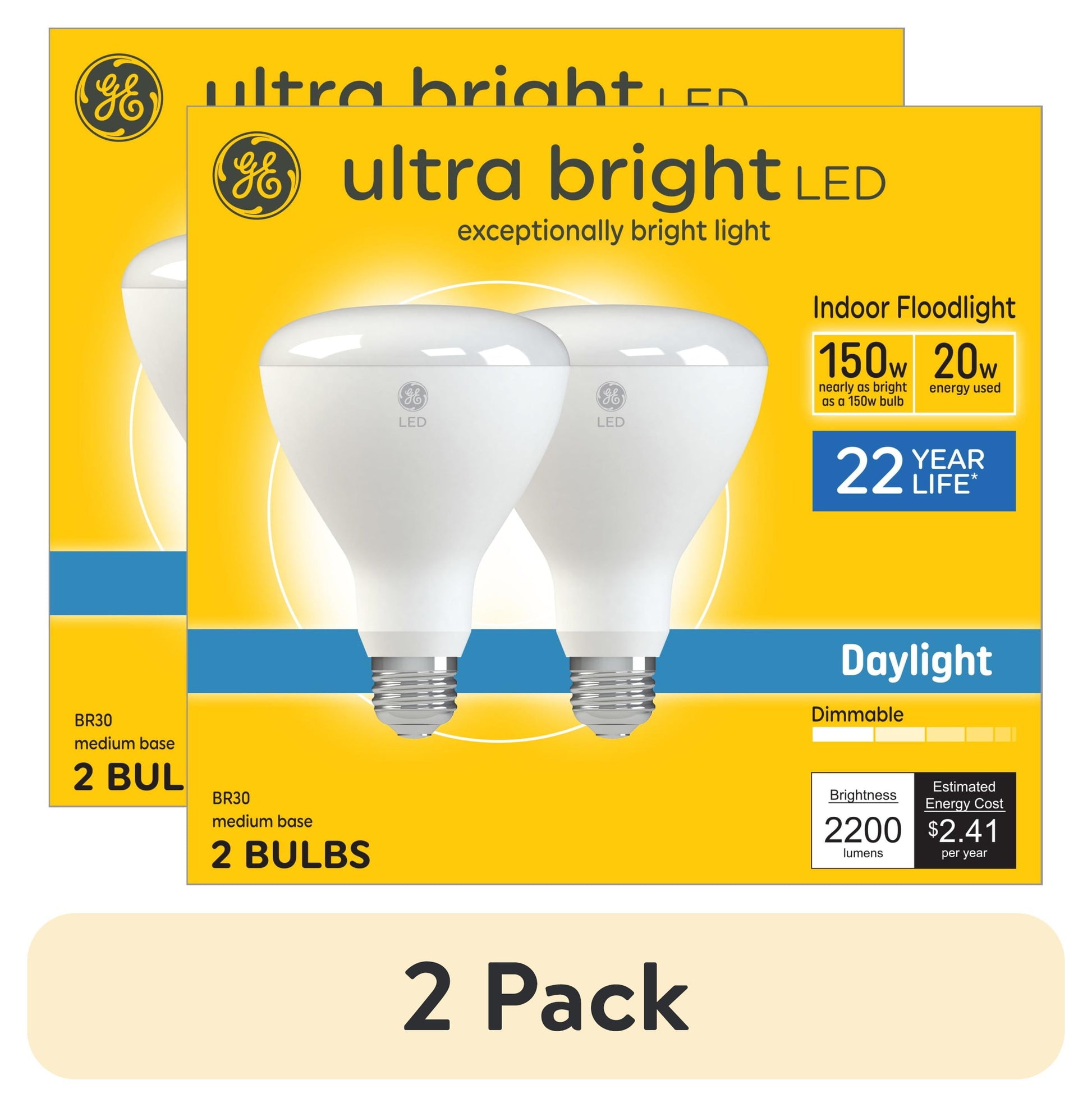 (2 pack) GE Ultra Bright LED Light Bulbs, 150 Watt, Daylight, BR30 Floodlights, Medium Base, Frosted Finish, 2pk
