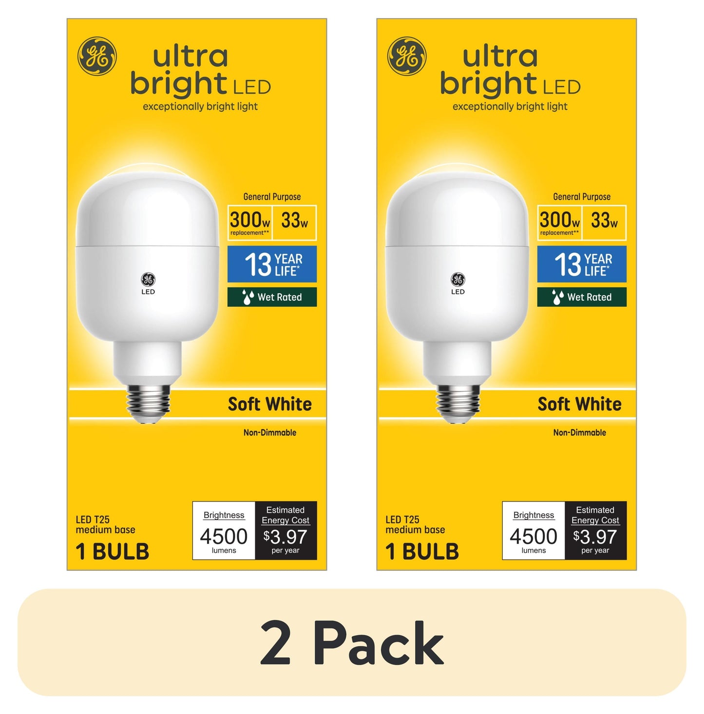 (2 pack) GE Ultra Bright LED 300 Watt Replacement, Soft White, T25 General Purpose Bulb (1 Pack)