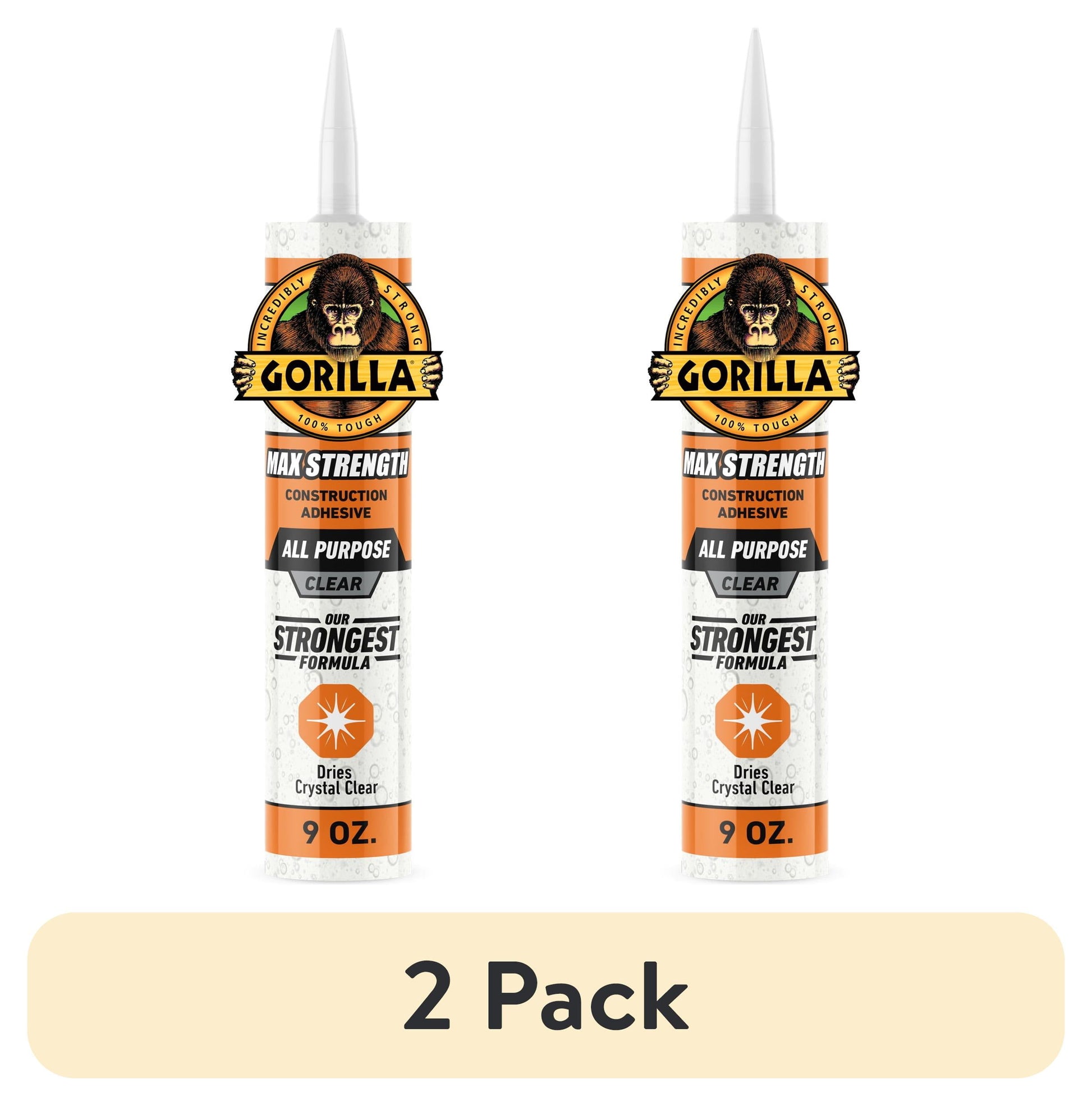 (2 pack) Gorilla Glue Clear Max Strength Construction Adhesive, 9 Ounce Size Cartridge, 1 Count. Model 8212302