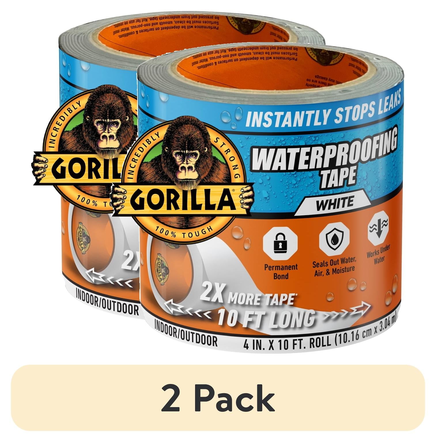 (2 pack) Gorilla Glue White Waterproof Patch and Seal Repair and Sealant Tape, 10 Foot Roll