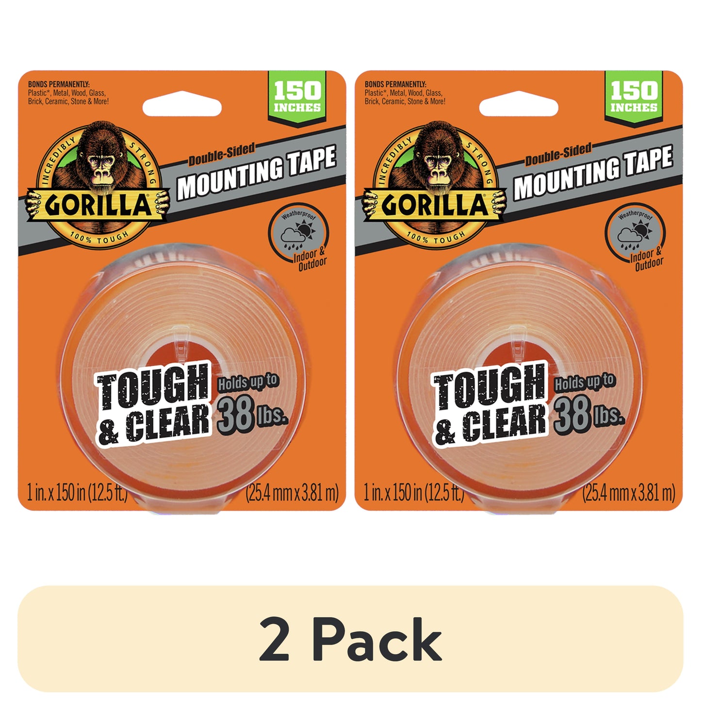 (2 pack) Gorilla Tough & Clear Double Sided Mounting Tape, Clear Tape, 1" x 150"