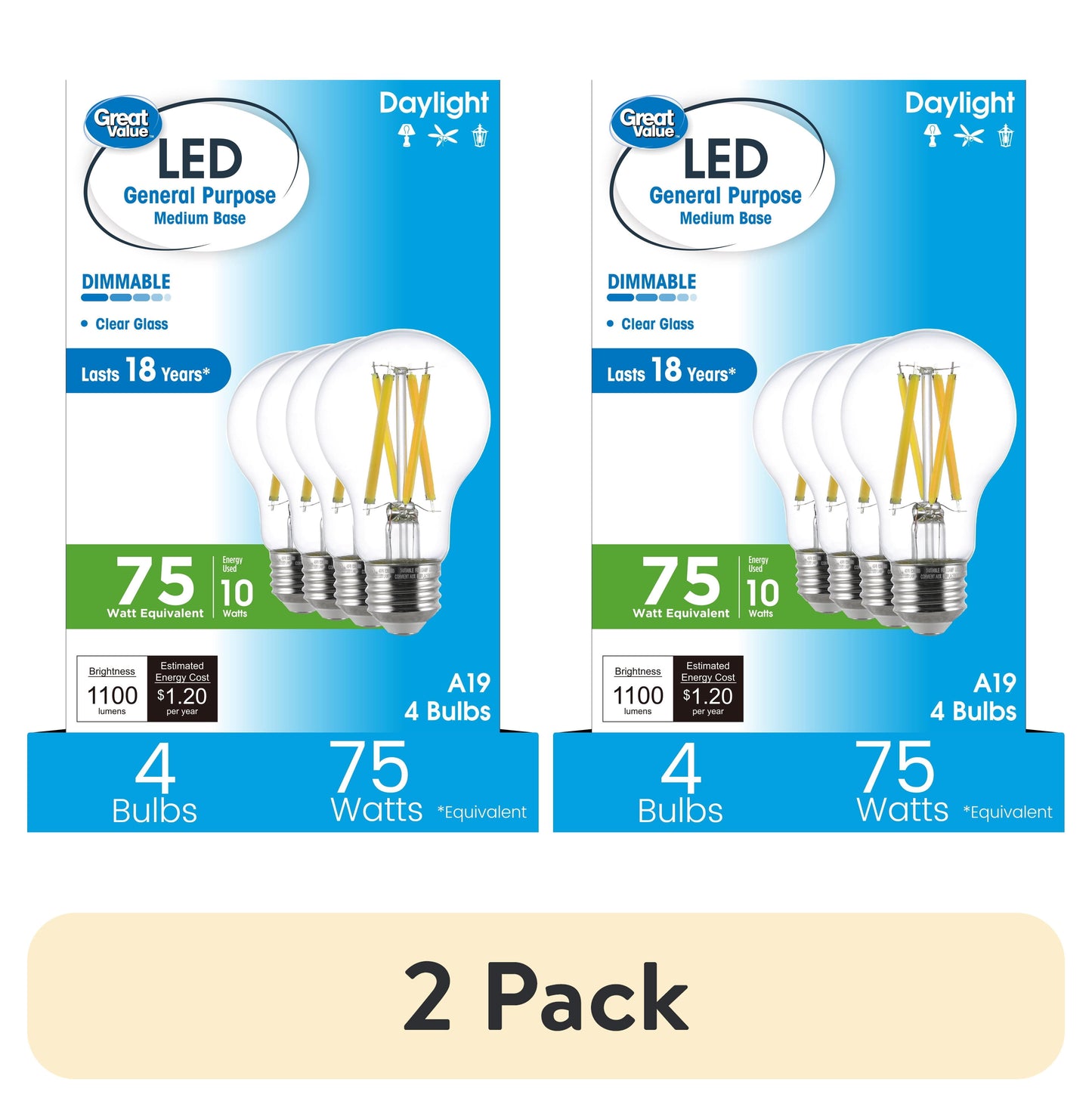 (2 pack) Great Value 18YR A19 LED Light Bulb, 10W (75W Equivalent) Dimmable Daylight E26 Medium Base (4 Pack)