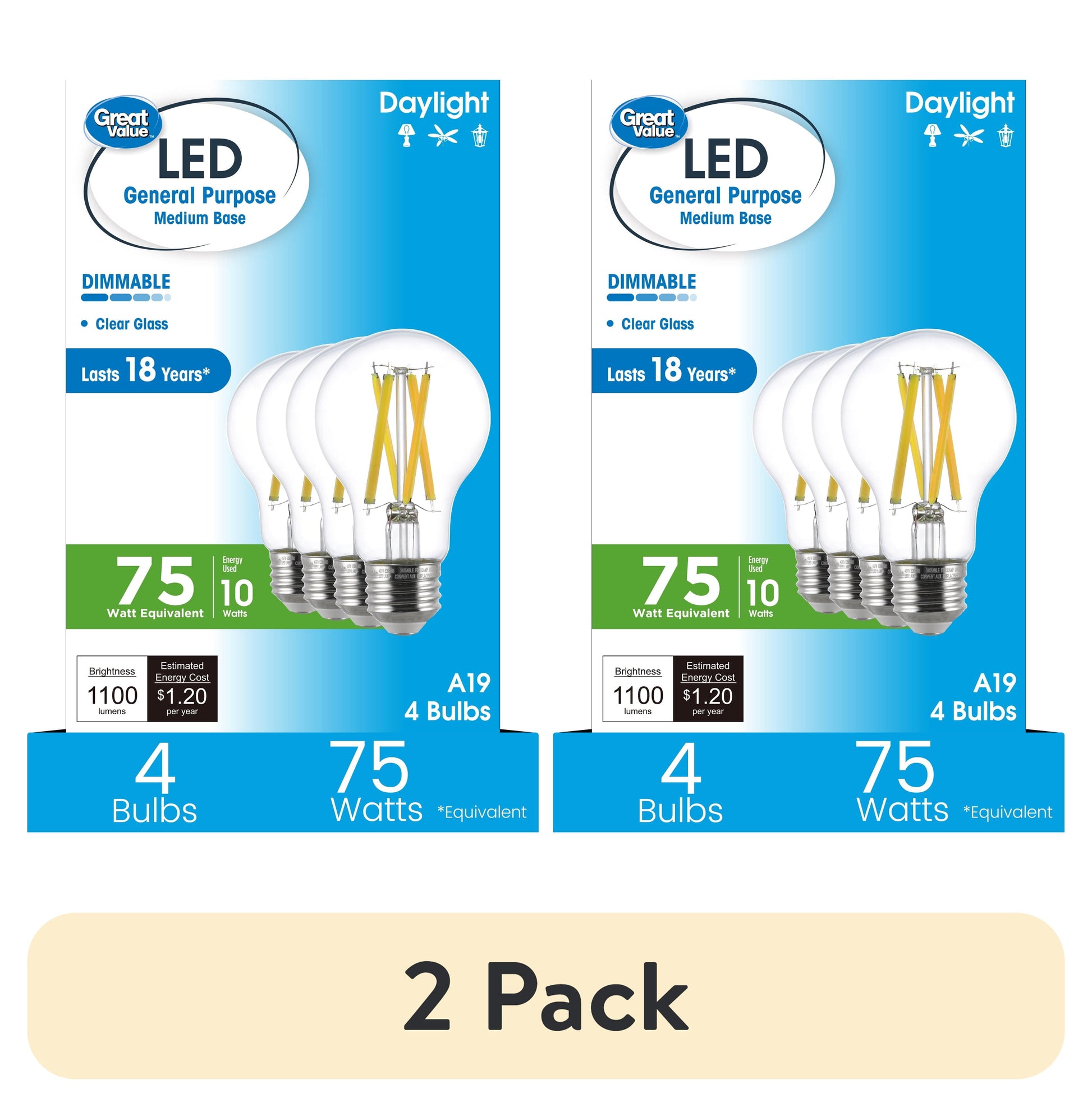 (2 pack) Great Value 18YR A19 LED Light Bulb, 10W (75W Equivalent) Dimmable Daylight E26 Medium Base (4 Pack)