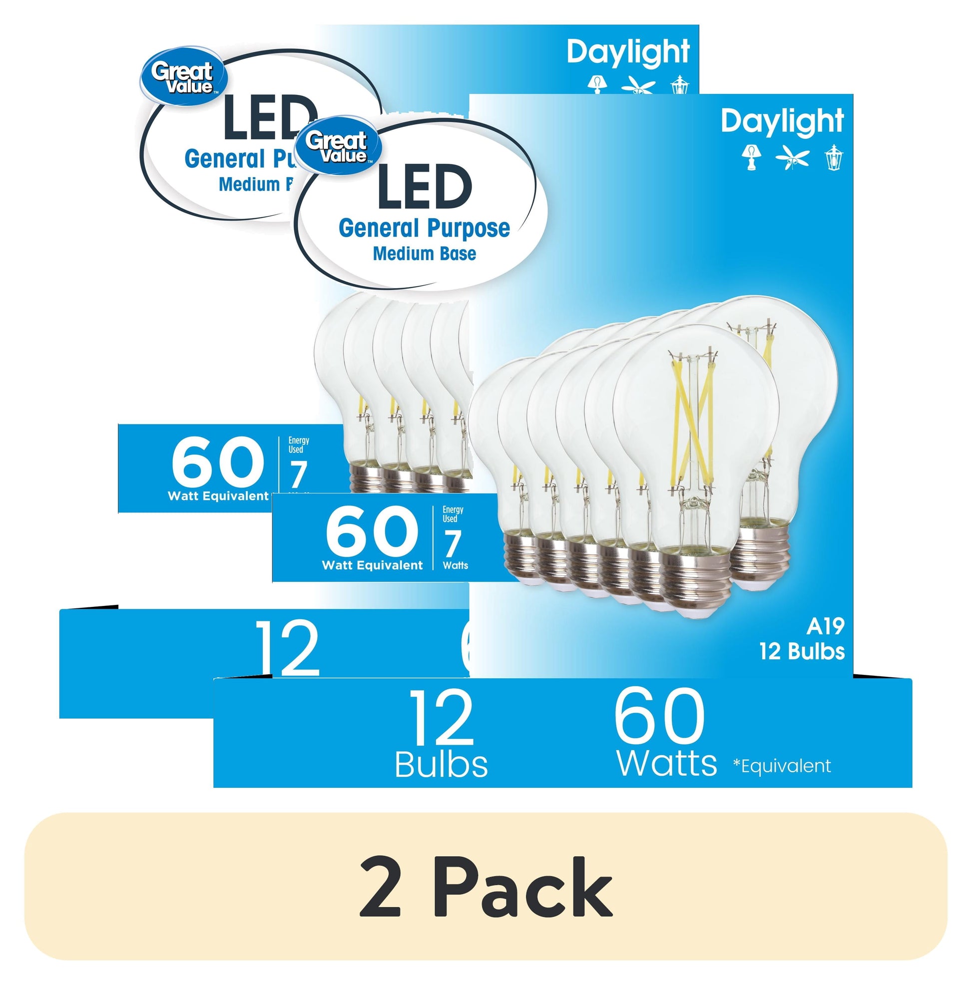(2 pack) Great Value 18YR A19 LED Light Bulb, 7W (60W Equivalent) Dimmable Daylight E26 Medium Base, 12 Pack