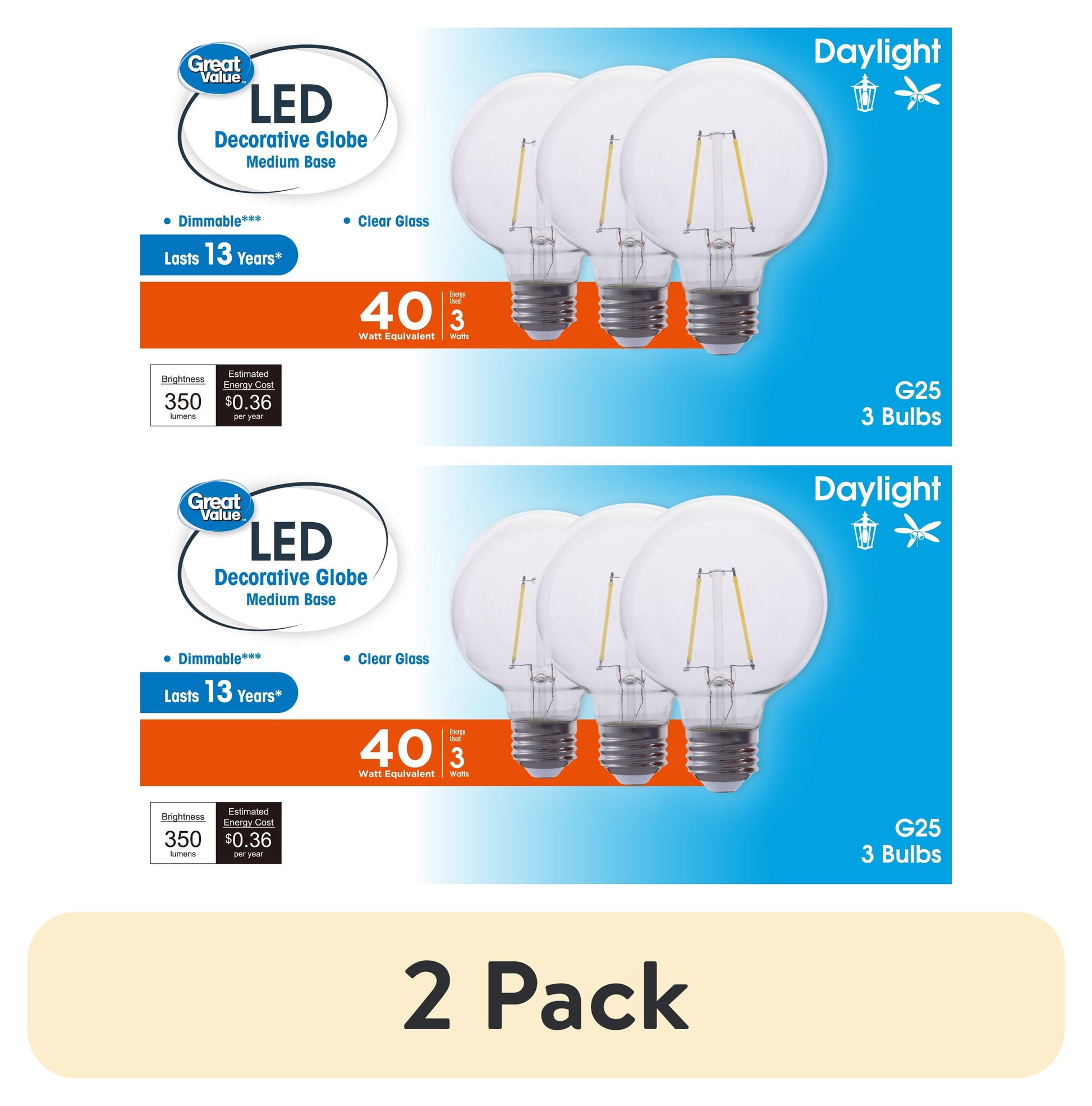 (2 pack) Great Value G25 LED Light Bulb, 3-Watt (40W Equivalent) Daylight Decorative Globe E26 Base Dimmable - 3 Pack
