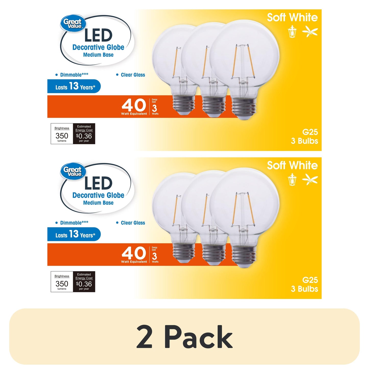 (2 pack) Great Value G25 LED Light Bulb, 3-Watt (40W Equivalent) Soft White Decorative Globe E26 Base Dimmable - 3 Pack