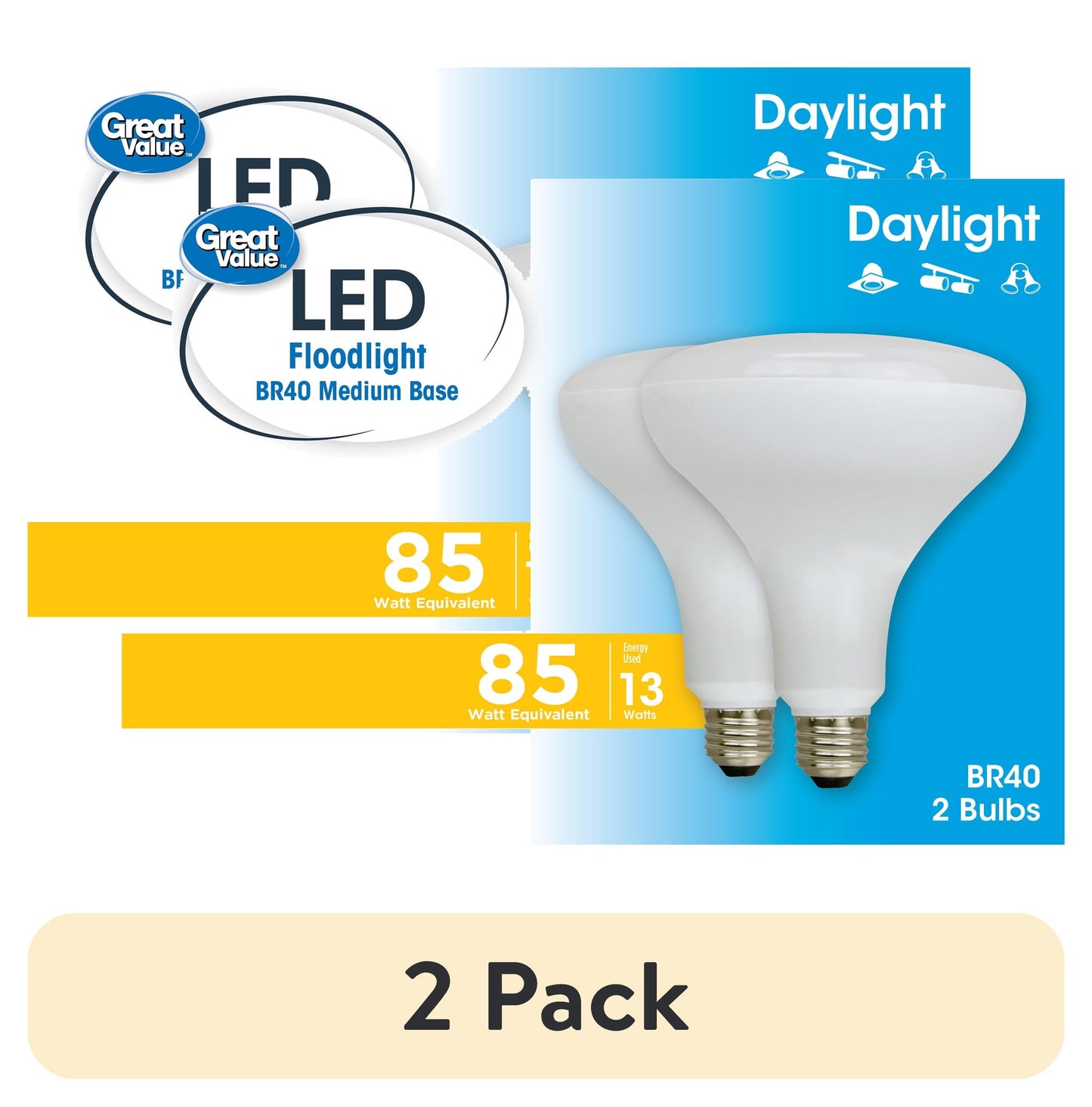 Great Value LED Light Bulb, 14 Watts (85W Equivalent) BR40 Floodlight Lamp E26 Medium Base, Dimmable, Daylight, 2-Pack